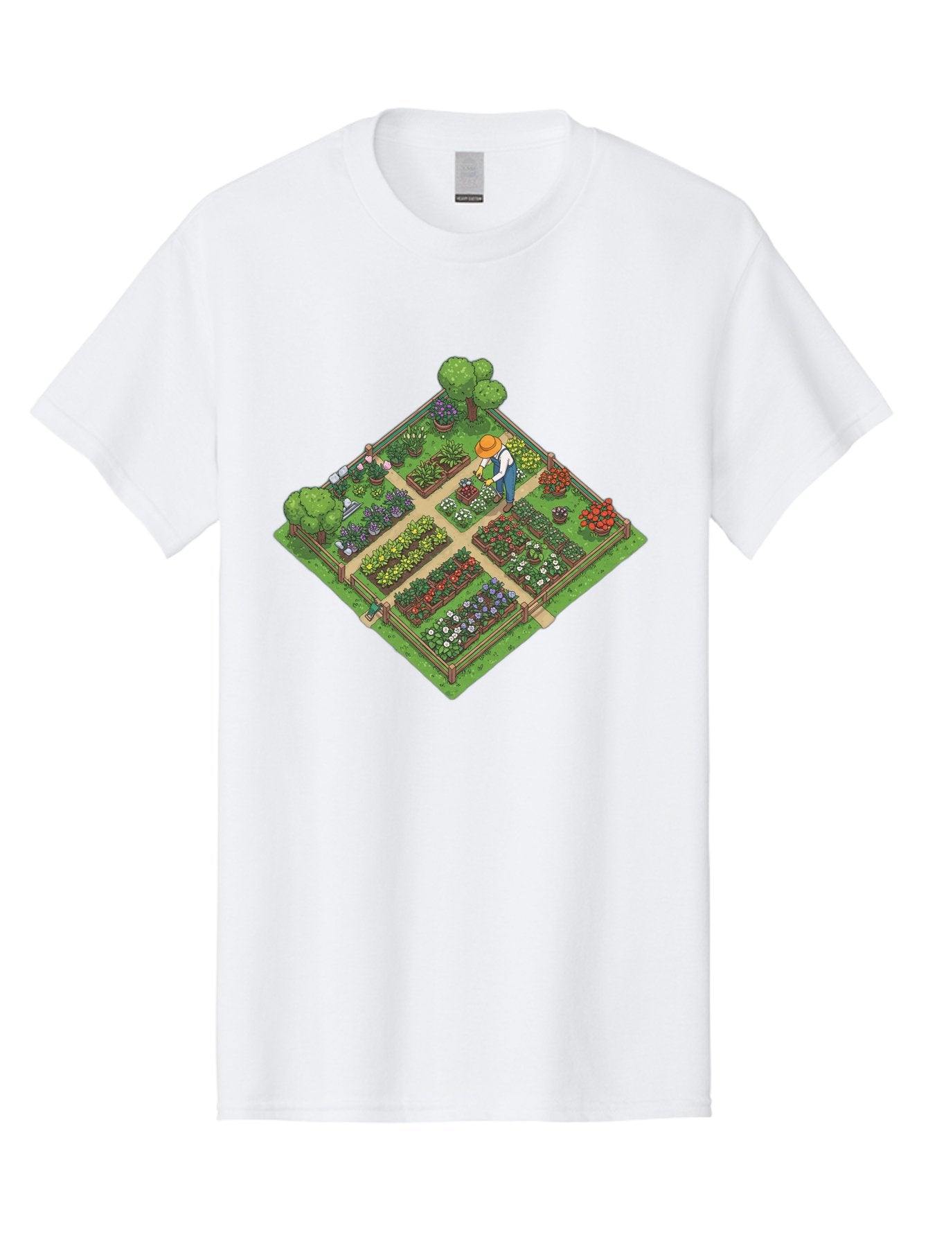 Garden-Scene Men'S Graphic Tee, 100% Cotton, Comfortable Casual Summer Wear, Machine Washable, Gardening Scene, Garden Landscape, Flower Beds, Vibrant Flowers, Gardener At Work, Wooden Fence, Lush Greenery, Serene Atmosphere, Isometric View, Baa710 12