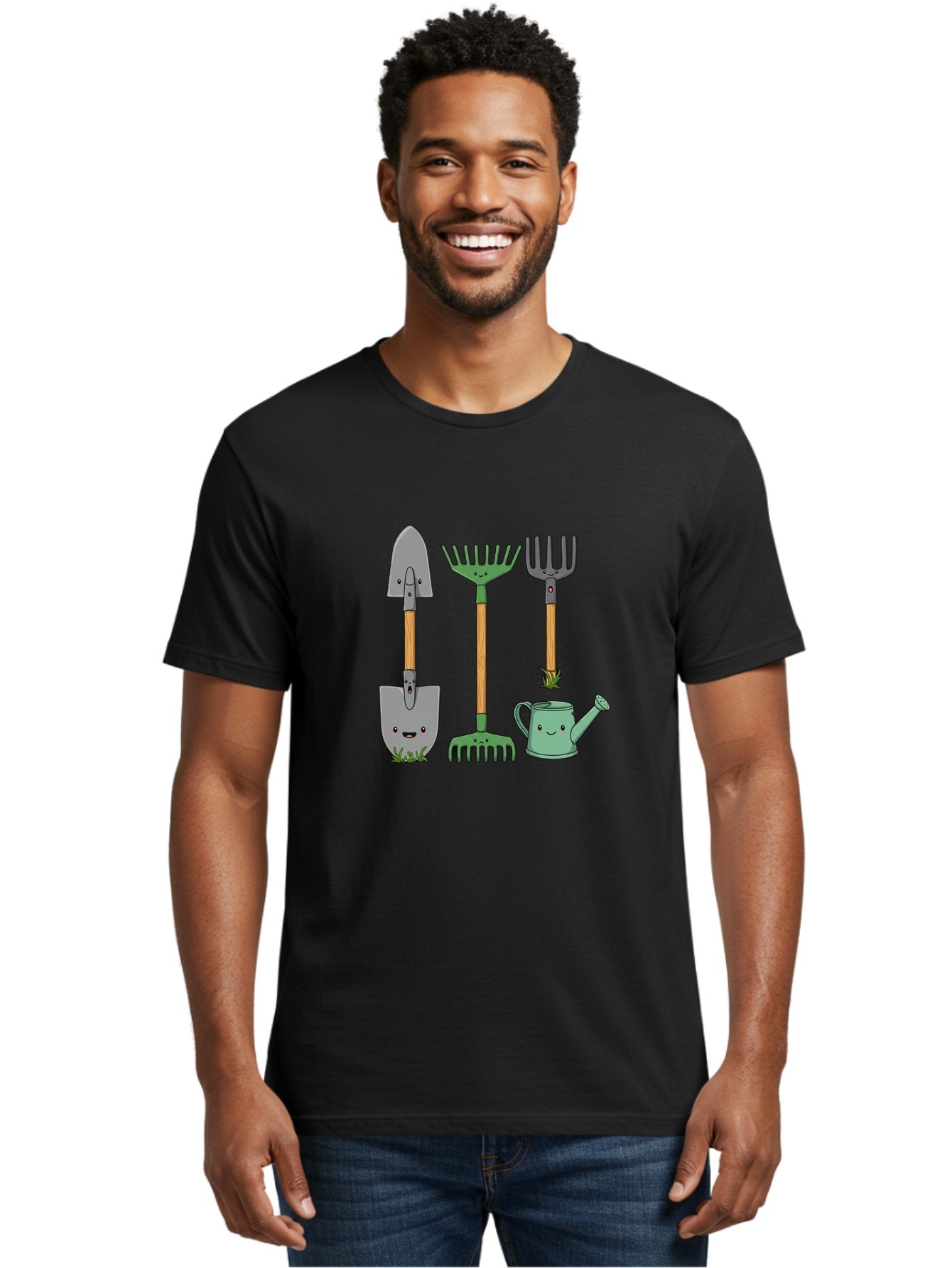 Garden-Tools Men'S Graphic Tee, 100% Cotton, Comfortable Casual Summer Wear, Machine Washable, Cartoon Gardening Tools, Shovel, Rake, Pitchfork, Watering Can, Gardening Supplies, Anthropomorphic Objects, Cartoon Characters, Garden Accessories, Baa711 19