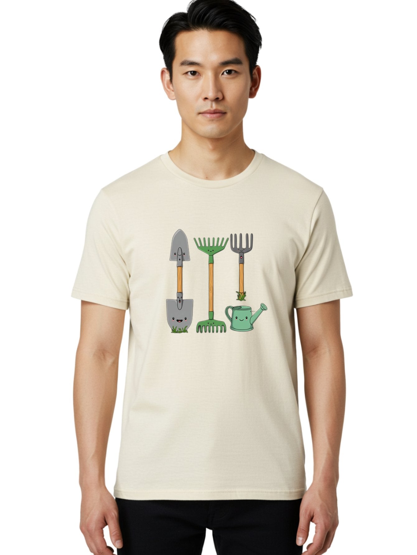 Garden-Tools Men'S Graphic Tee, 100% Cotton, Comfortable Casual Summer Wear, Machine Washable, Cartoon Gardening Tools, Shovel, Rake, Pitchfork, Watering Can, Gardening Supplies, Anthropomorphic Objects, Cartoon Characters, Garden Accessories, Baa711 16