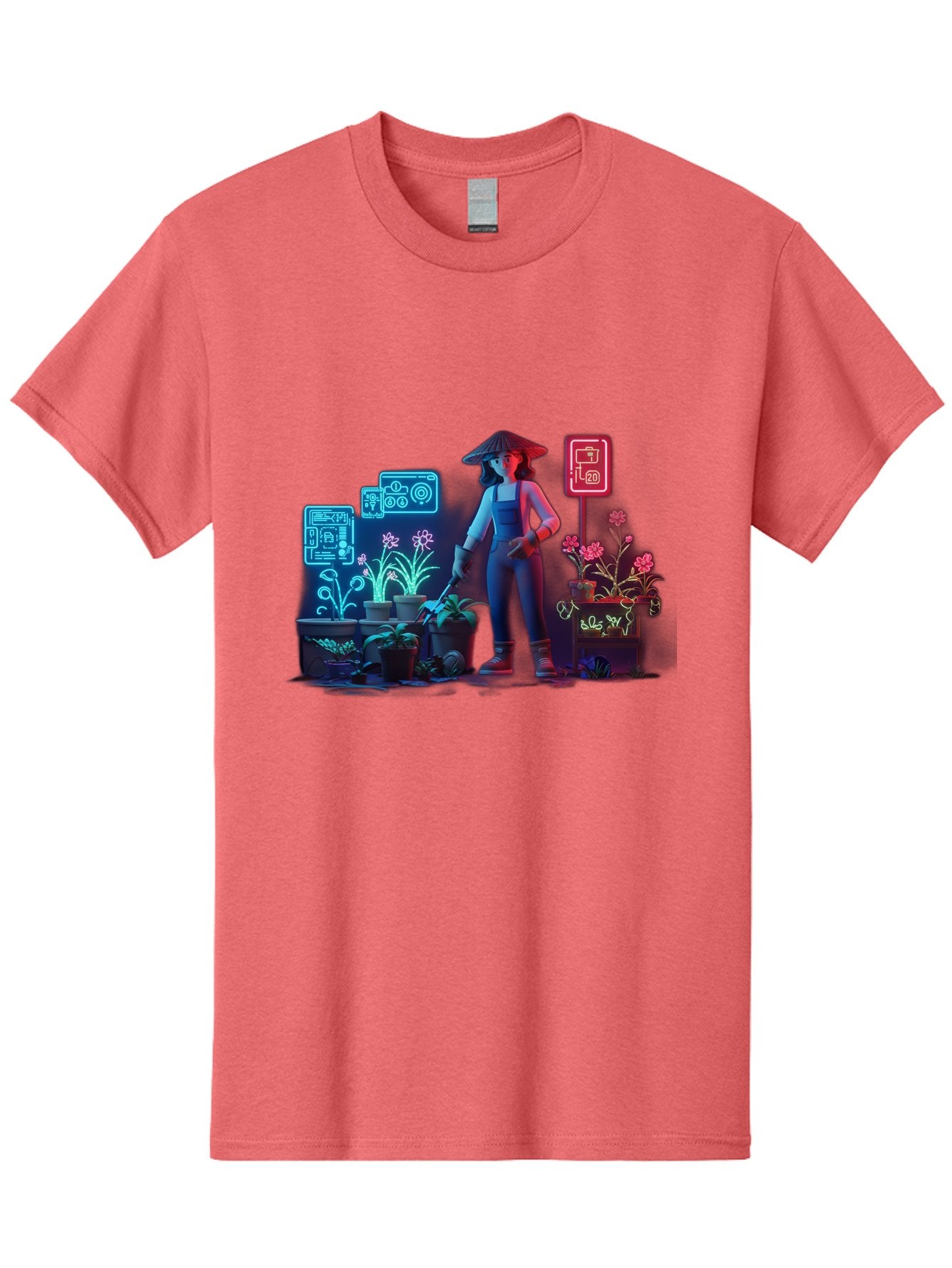 Gardener-1 Men'S Graphic Tee, 100% Cotton, Comfortable Casual Summer Wear, Machine Washable, Woman With Gardening Tool, Potted Plants, Futuristic Neon Signs, Smart Gardening, Innovative Agriculture, Digital Farming, Modern Farmer Baa712 13