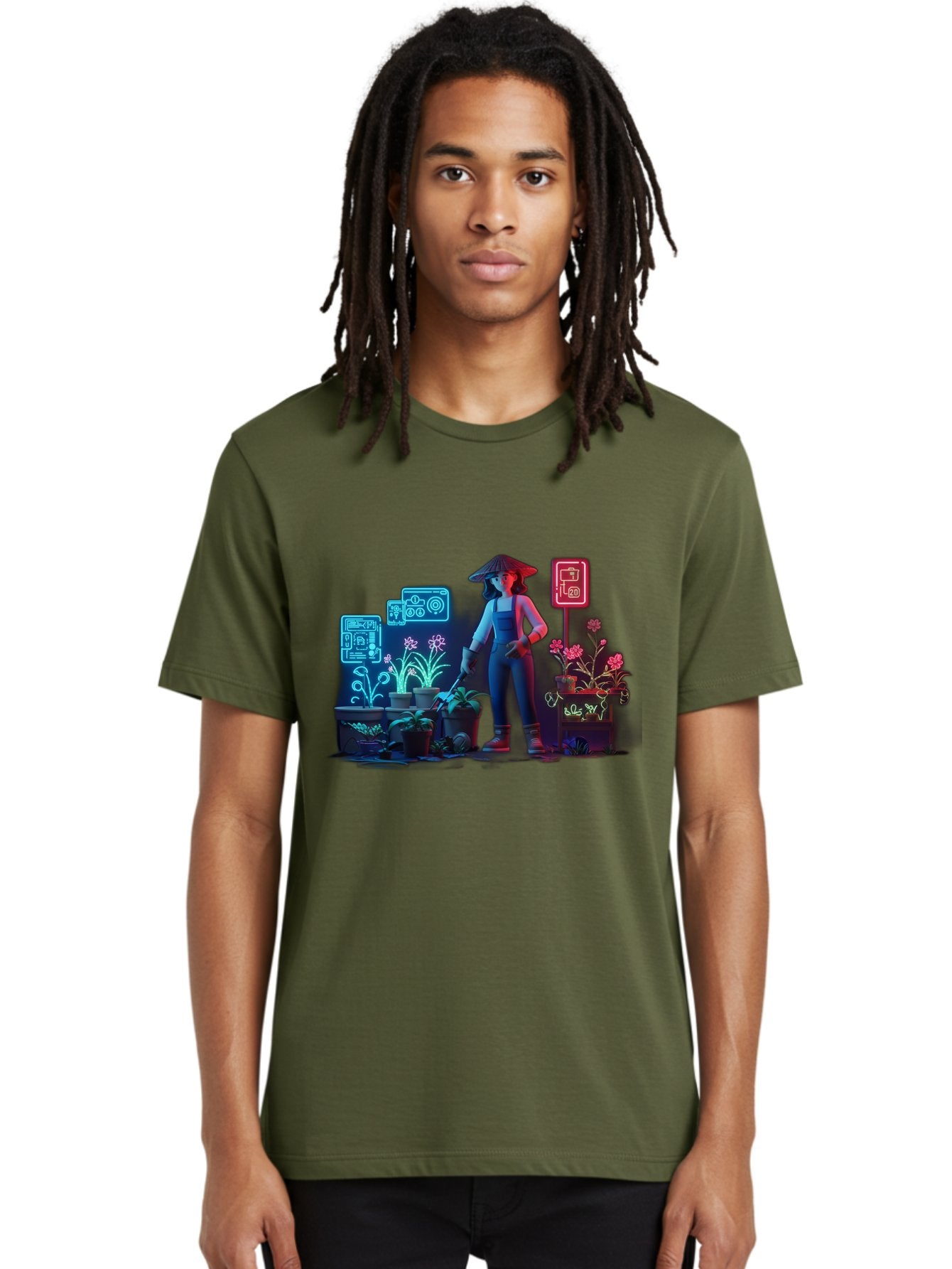Gardener-1 Men'S Graphic Tee, 100% Cotton, Comfortable Casual Summer Wear, Machine Washable, Woman With Gardening Tool, Potted Plants, Futuristic Neon Signs, Smart Gardening, Innovative Agriculture, Digital Farming, Modern Farmer Baa712 18