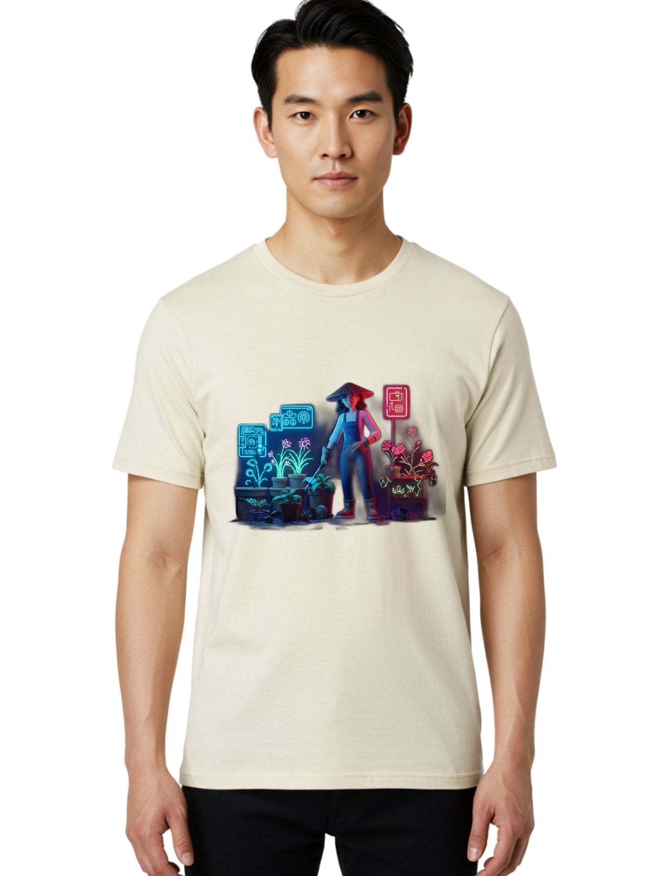 Gardener-1 Men'S Graphic Tee, 100% Cotton, Comfortable Casual Summer Wear, Machine Washable, Woman With Gardening Tool, Potted Plants, Futuristic Neon Signs, Smart Gardening, Innovative Agriculture, Digital Farming, Modern Farmer Baa712 27