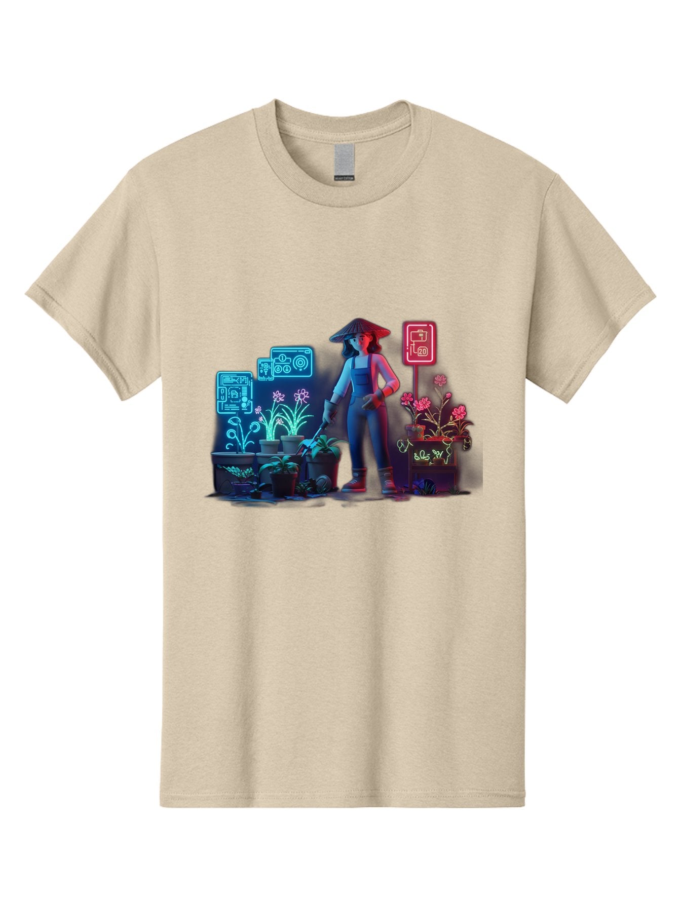 Gardener-1 Men'S Graphic Tee, 100% Cotton, Comfortable Casual Summer Wear, Machine Washable, Woman With Gardening Tool, Potted Plants, Futuristic Neon Signs, Smart Gardening, Innovative Agriculture, Digital Farming, Modern Farmer Baa712 12