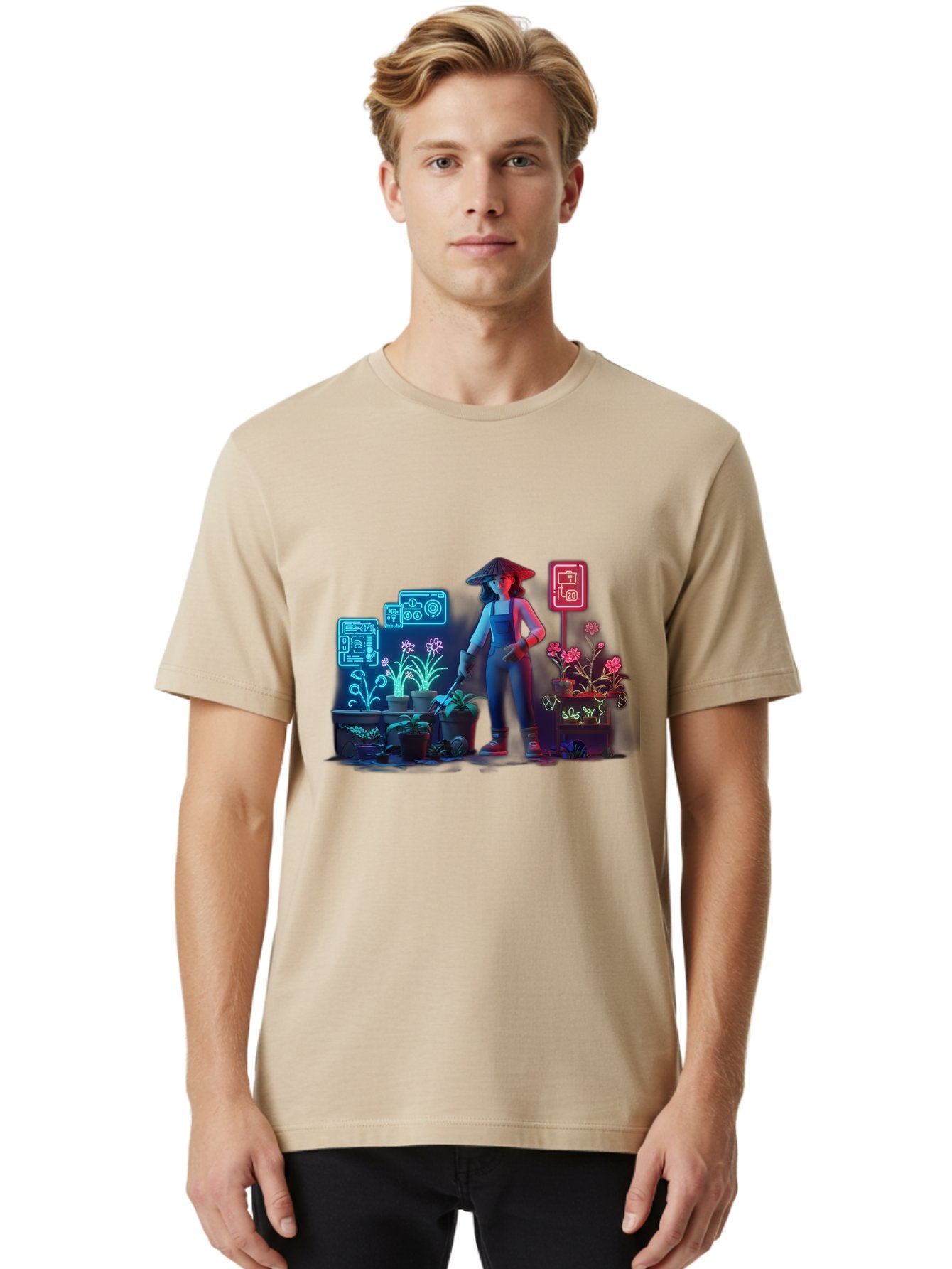 Gardener-1 Men'S Graphic Tee, 100% Cotton, Comfortable Casual Summer Wear, Machine Washable, Woman With Gardening Tool, Potted Plants, Futuristic Neon Signs, Smart Gardening, Innovative Agriculture, Digital Farming, Modern Farmer Baa712 28