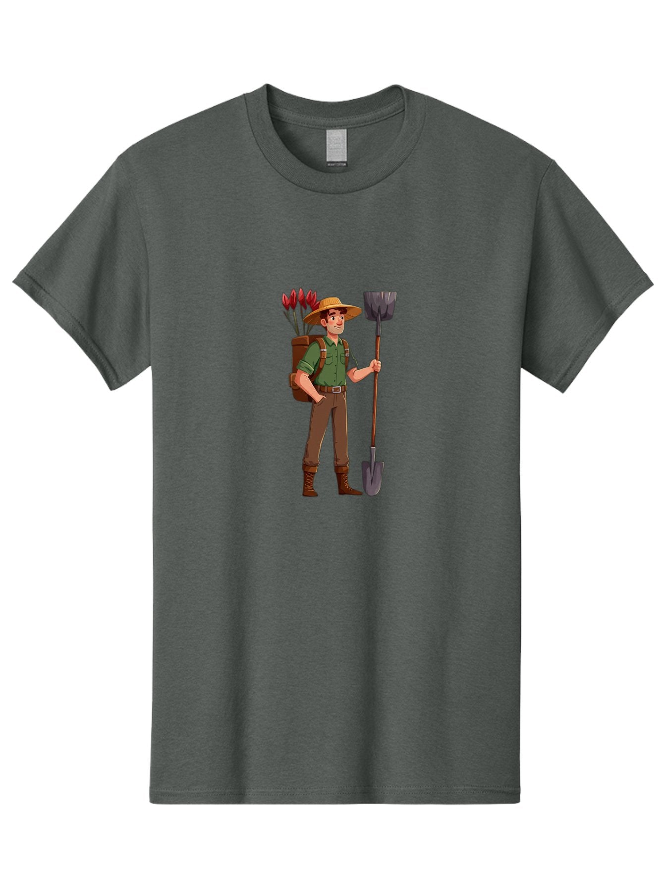 Gardener-2 Men'S Graphic Tee, 100% Cotton, Comfortable Casual Summer Wear, Machine Washable, Gardener Holding Shovel, Gardening Tools, Floral Arrangements, Gardening Hat, Green Shirt, Brown Pants, Boots, Gardening Backpack Baa713 15