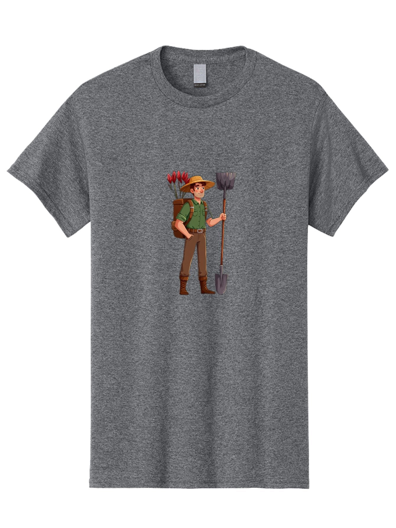 Gardener-2 Men'S Graphic Tee, 100% Cotton, Comfortable Casual Summer Wear, Machine Washable, Gardener Holding Shovel, Gardening Tools, Floral Arrangements, Gardening Hat, Green Shirt, Brown Pants, Boots, Gardening Backpack Baa713 5