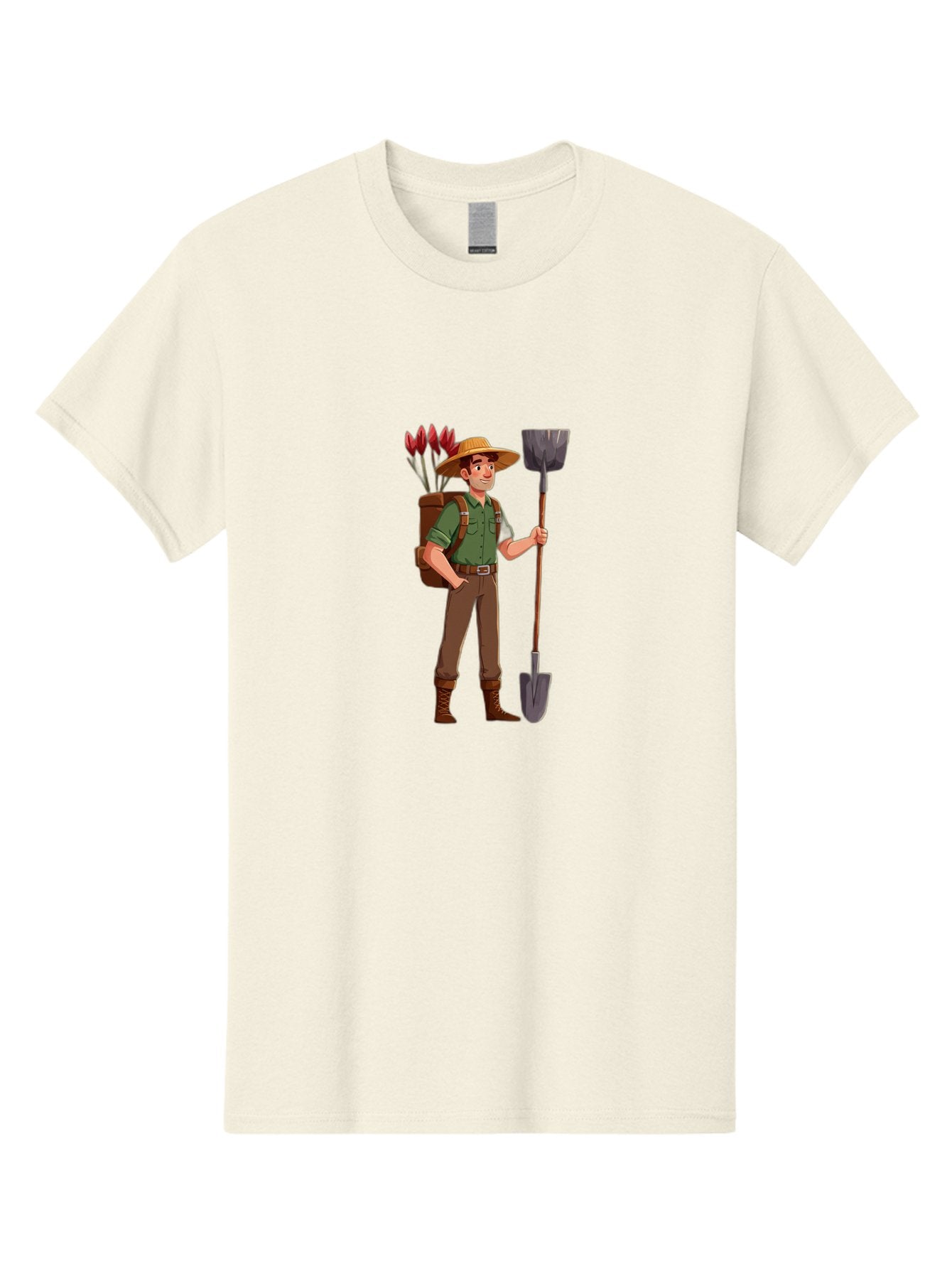 Gardener-2 Men'S Graphic Tee, 100% Cotton, Comfortable Casual Summer Wear, Machine Washable, Gardener Holding Shovel, Gardening Tools, Floral Arrangements, Gardening Hat, Green Shirt, Brown Pants, Boots, Gardening Backpack Baa713 3