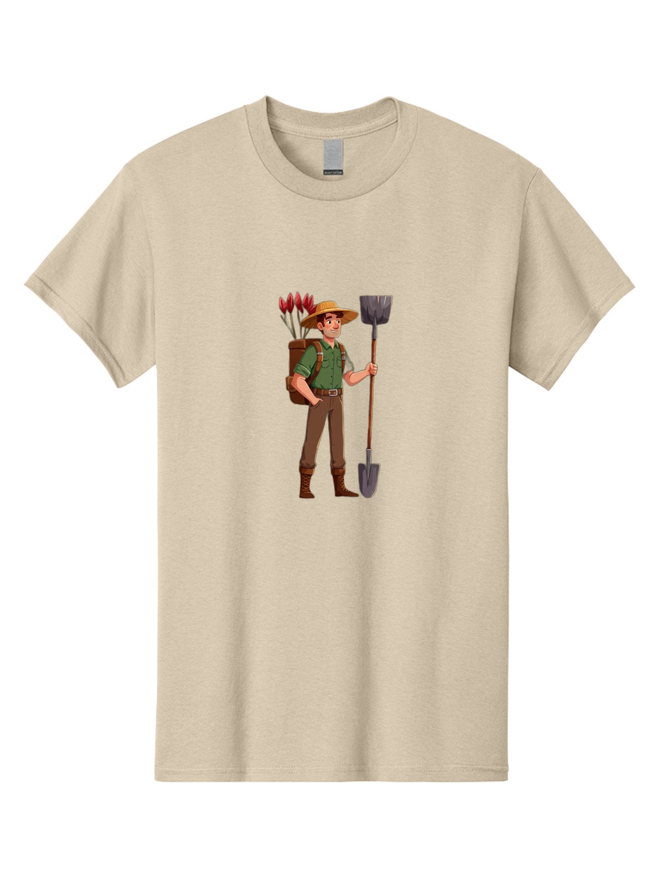 Gardener-2 Men'S Graphic Tee, 100% Cotton, Comfortable Casual Summer Wear, Machine Washable, Gardener Holding Shovel, Gardening Tools, Floral Arrangements, Gardening Hat, Green Shirt, Brown Pants, Boots, Gardening Backpack Baa713 10