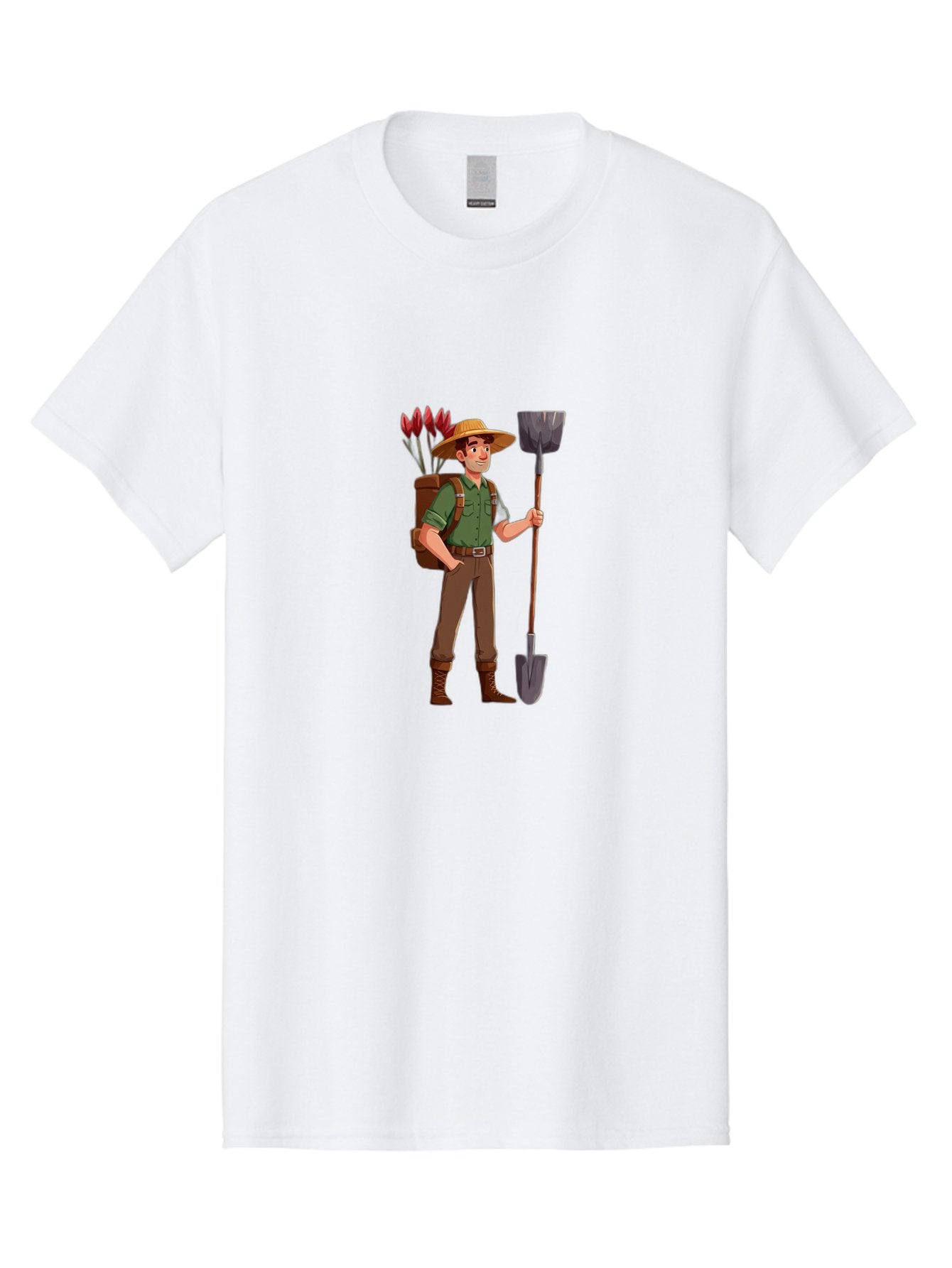 Gardener-2 Men'S Graphic Tee, 100% Cotton, Comfortable Casual Summer Wear, Machine Washable, Gardener Holding Shovel, Gardening Tools, Floral Arrangements, Gardening Hat, Green Shirt, Brown Pants, Boots, Gardening Backpack Baa713 13