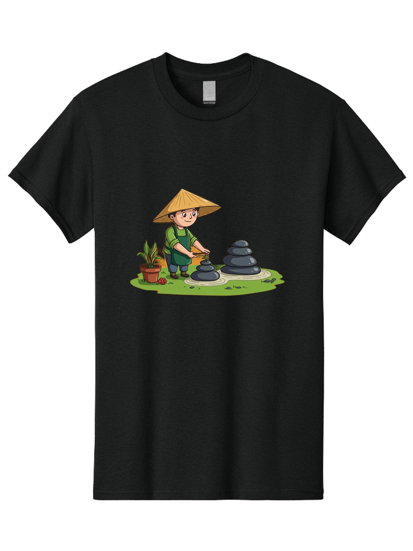 Gardener-Creating-Zen-Garden Men'S Graphic Tee, 100% Cotton, Comfortable Casual Summer Wear, Machine Washable, Gardener Wearing Traditional Hat, Stacking Stones, Zen Garden, Peaceful Atmosphere, Outdoor Scenery, Natural Beauty, Gardening, Baa714 6