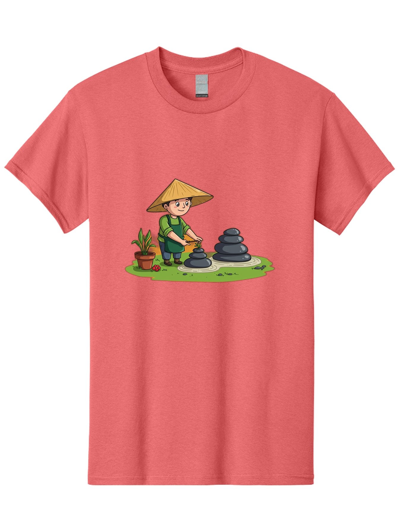 Gardener-Creating-Zen-Garden Men'S Graphic Tee, 100% Cotton, Comfortable Casual Summer Wear, Machine Washable, Gardener Wearing Traditional Hat, Stacking Stones, Zen Garden, Peaceful Atmosphere, Outdoor Scenery, Natural Beauty, Gardening, Baa714