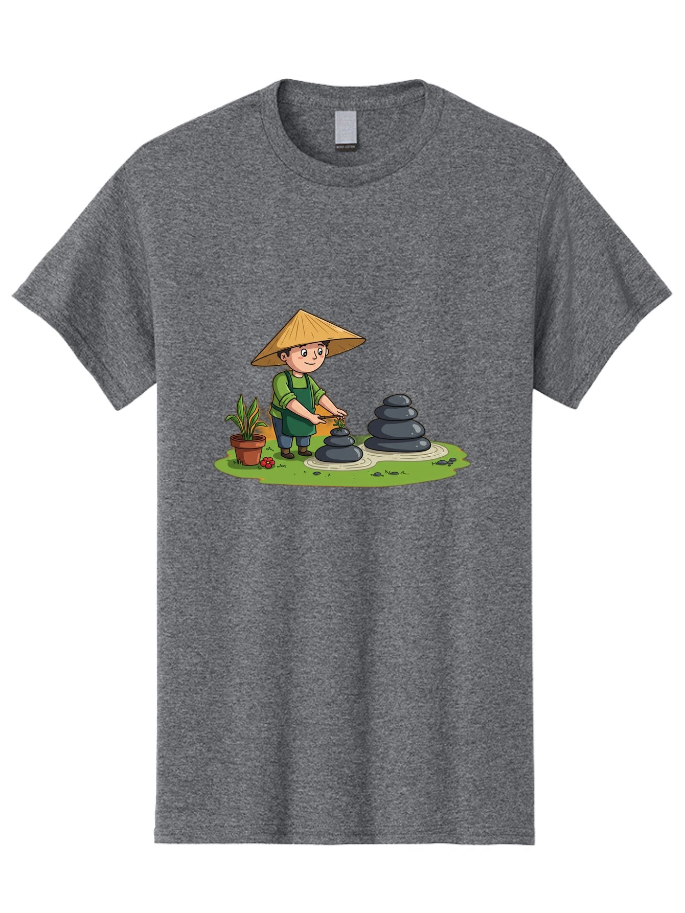 Gardener-Creating-Zen-Garden Men'S Graphic Tee, 100% Cotton, Comfortable Casual Summer Wear, Machine Washable, Gardener Wearing Traditional Hat, Stacking Stones, Zen Garden, Peaceful Atmosphere, Outdoor Scenery, Natural Beauty, Gardening, Baa714