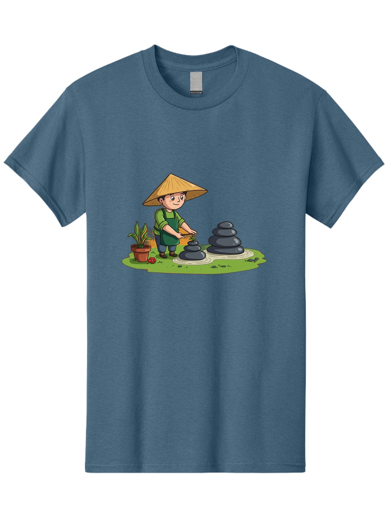 Gardener-Creating-Zen-Garden Men'S Graphic Tee, 100% Cotton, Comfortable Casual Summer Wear, Machine Washable, Gardener Wearing Traditional Hat, Stacking Stones, Zen Garden, Peaceful Atmosphere, Outdoor Scenery, Natural Beauty, Gardening, Baa714 10