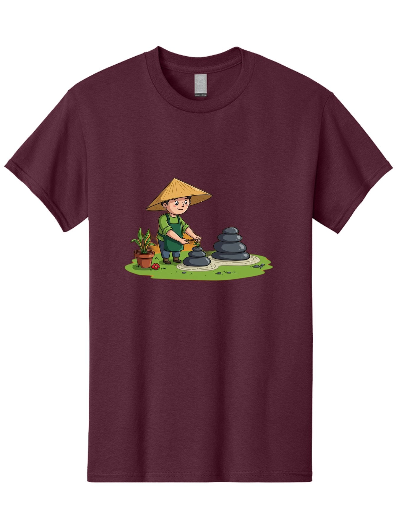 Gardener-Creating-Zen-Garden Men'S Graphic Tee, 100% Cotton, Comfortable Casual Summer Wear, Machine Washable, Gardener Wearing Traditional Hat, Stacking Stones, Zen Garden, Peaceful Atmosphere, Outdoor Scenery, Natural Beauty, Gardening, Baa714 13