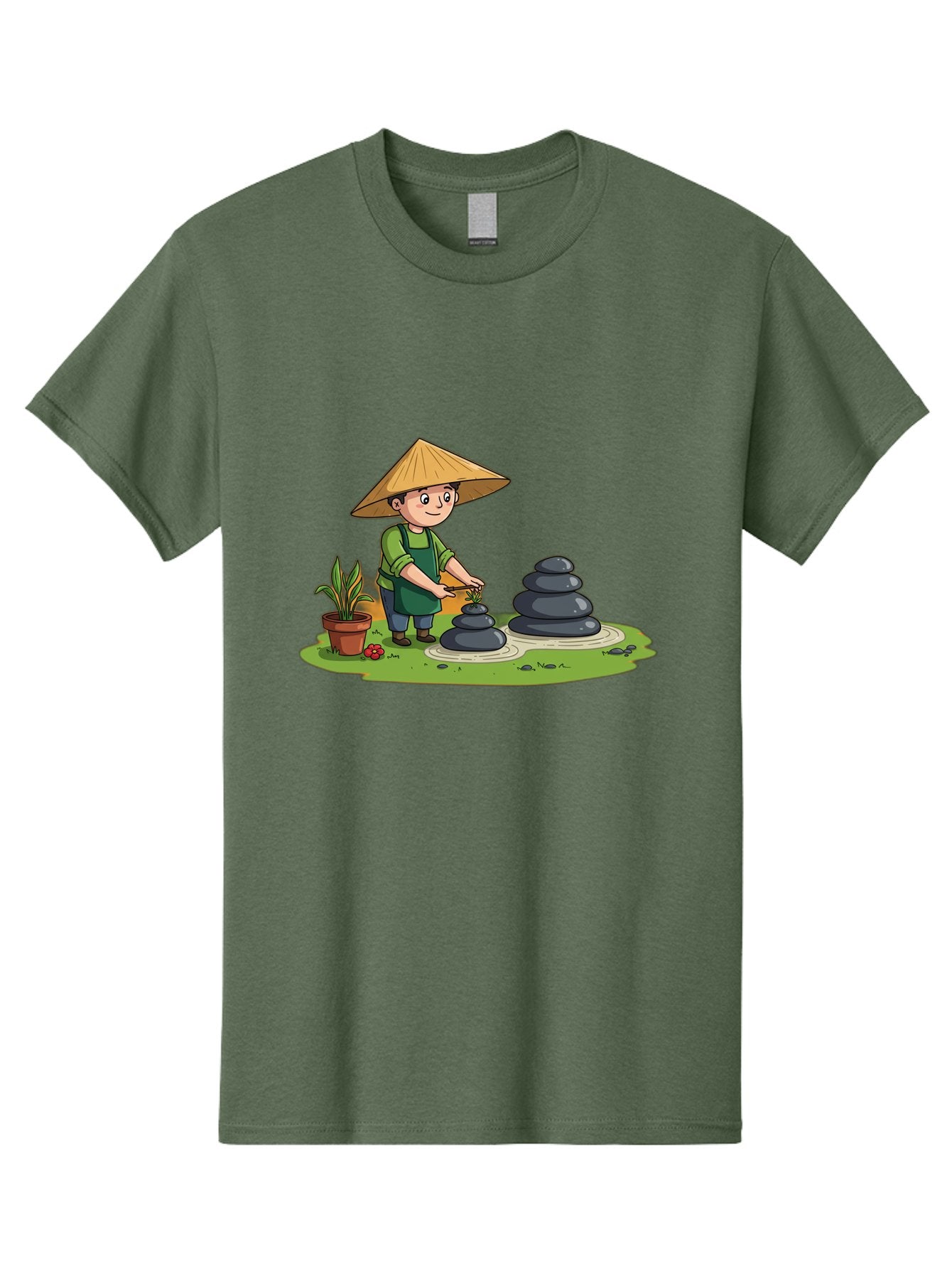 Gardener-Creating-Zen-Garden Men'S Graphic Tee, 100% Cotton, Comfortable Casual Summer Wear, Machine Washable, Gardener Wearing Traditional Hat, Stacking Stones, Zen Garden, Peaceful Atmosphere, Outdoor Scenery, Natural Beauty, Gardening, Baa714 11