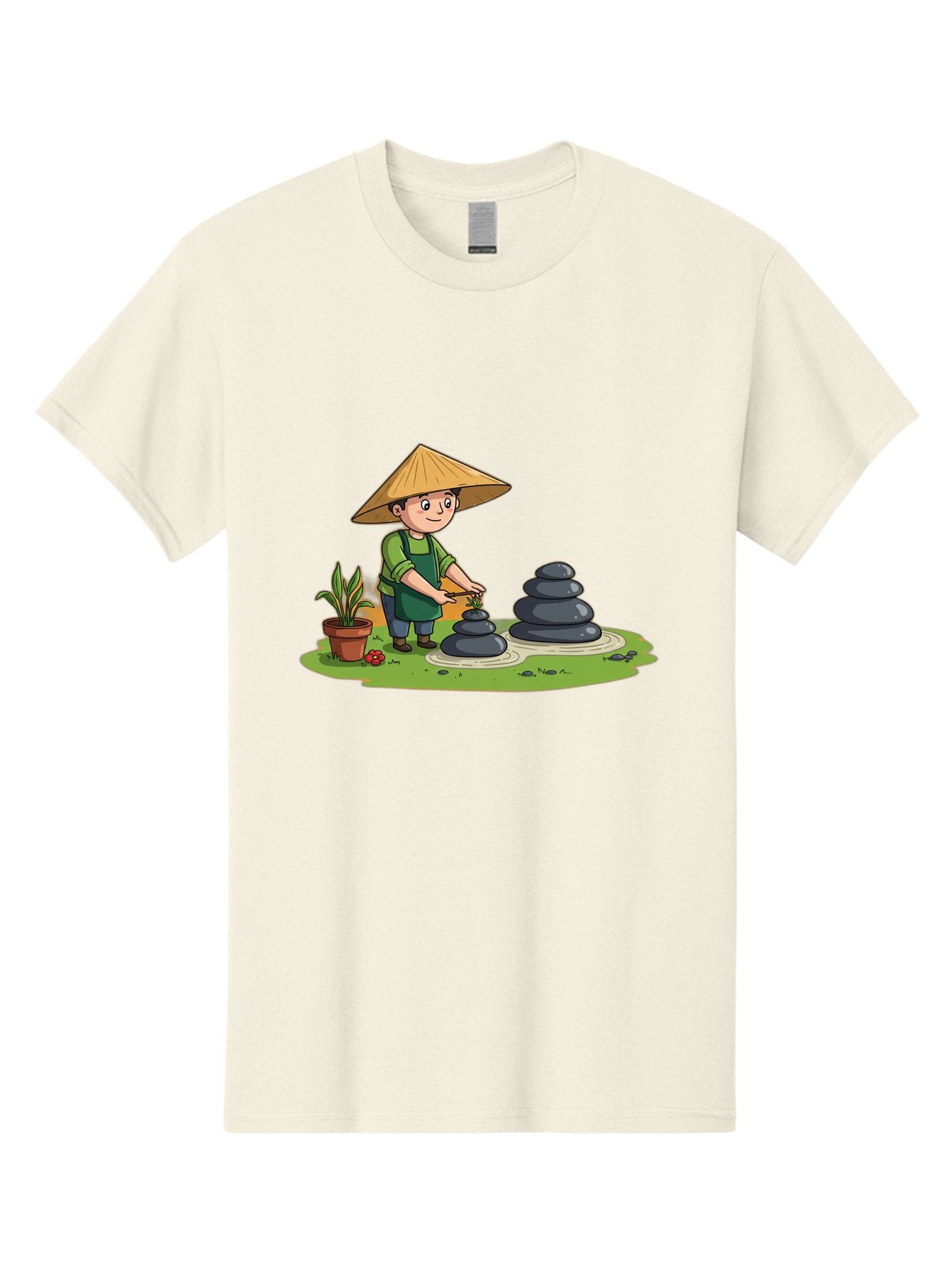Gardener-Creating-Zen-Garden Men'S Graphic Tee, 100% Cotton, Comfortable Casual Summer Wear, Machine Washable, Gardener Wearing Traditional Hat, Stacking Stones, Zen Garden, Peaceful Atmosphere, Outdoor Scenery, Natural Beauty, Gardening, Baa714 7