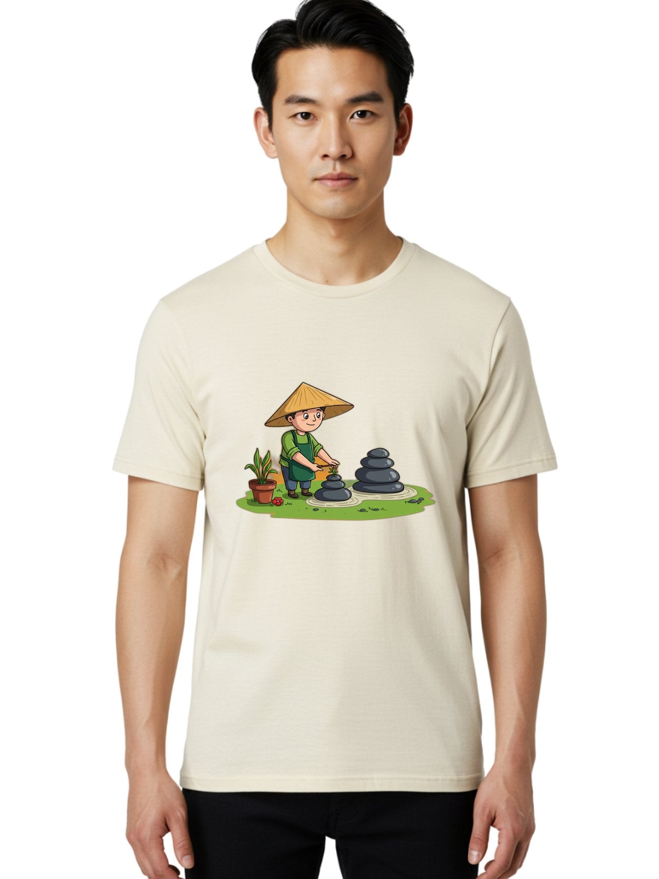 Gardener-Creating-Zen-Garden Men'S Graphic Tee, 100% Cotton, Comfortable Casual Summer Wear, Machine Washable, Gardener Wearing Traditional Hat, Stacking Stones, Zen Garden, Peaceful Atmosphere, Outdoor Scenery, Natural Beauty, Gardening, Baa714 16