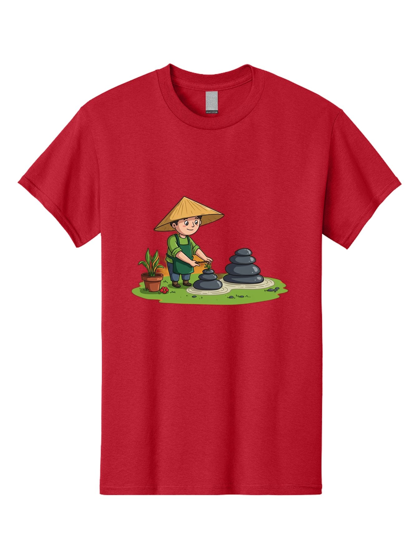 Gardener-Creating-Zen-Garden Men'S Graphic Tee, 100% Cotton, Comfortable Casual Summer Wear, Machine Washable, Gardener Wearing Traditional Hat, Stacking Stones, Zen Garden, Peaceful Atmosphere, Outdoor Scenery, Natural Beauty, Gardening, Baa714 8