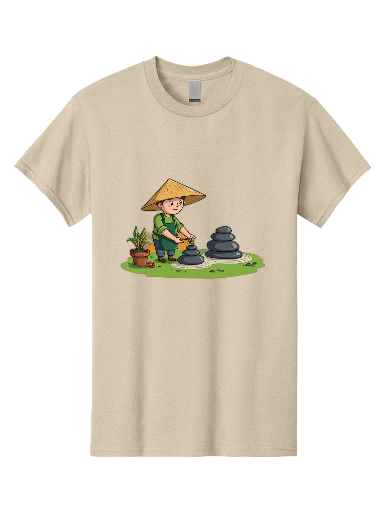 Gardener-Creating-Zen-Garden Men'S Graphic Tee, 100% Cotton, Comfortable Casual Summer Wear, Machine Washable, Gardener Wearing Traditional Hat, Stacking Stones, Zen Garden, Peaceful Atmosphere, Outdoor Scenery, Natural Beauty, Gardening, Baa714 4