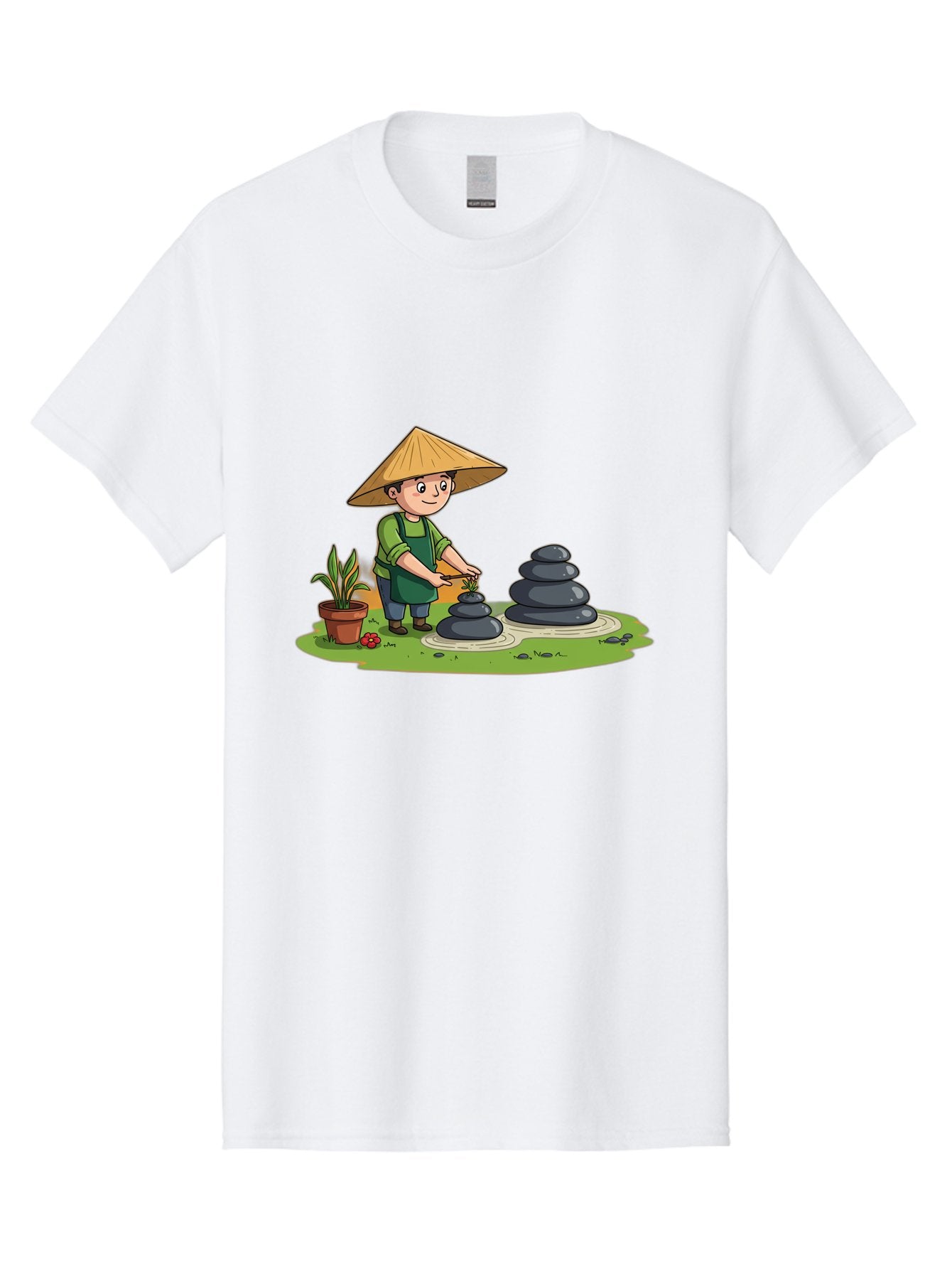 Gardener-Creating-Zen-Garden Men'S Graphic Tee, 100% Cotton, Comfortable Casual Summer Wear, Machine Washable, Gardener Wearing Traditional Hat, Stacking Stones, Zen Garden, Peaceful Atmosphere, Outdoor Scenery, Natural Beauty, Gardening, Baa714 15