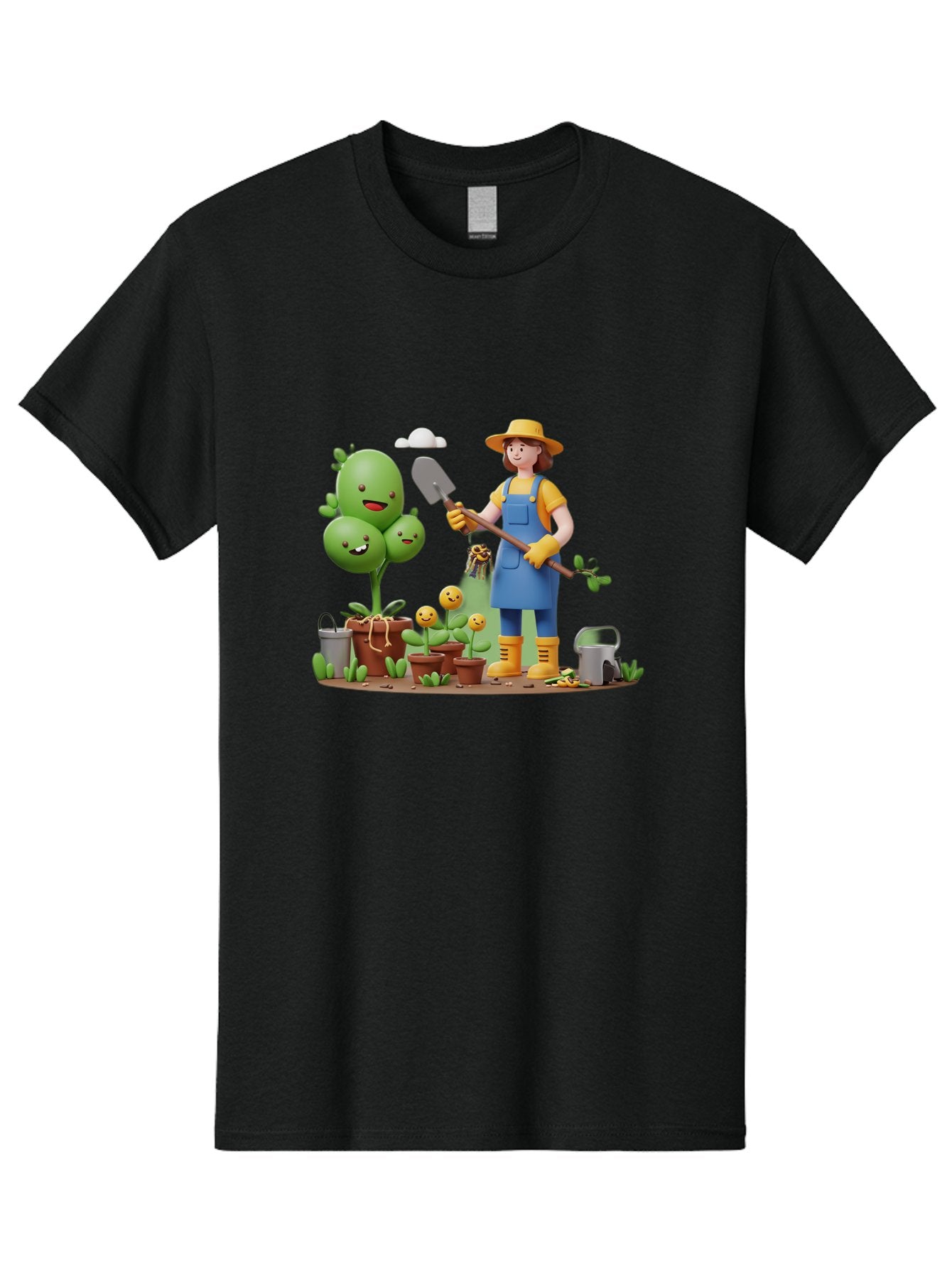 Gardener-With-Cartoon-Plants Men'S Graphic Tee, 100% Cotton, Comfortable Casual Summer Wear, Machine Washable, Cartoon Gardener, Gardening Tools, Potted Plants, Smiling Plants, Gardening Gloves, Watering Can, Gardening Overalls, Baa717 5