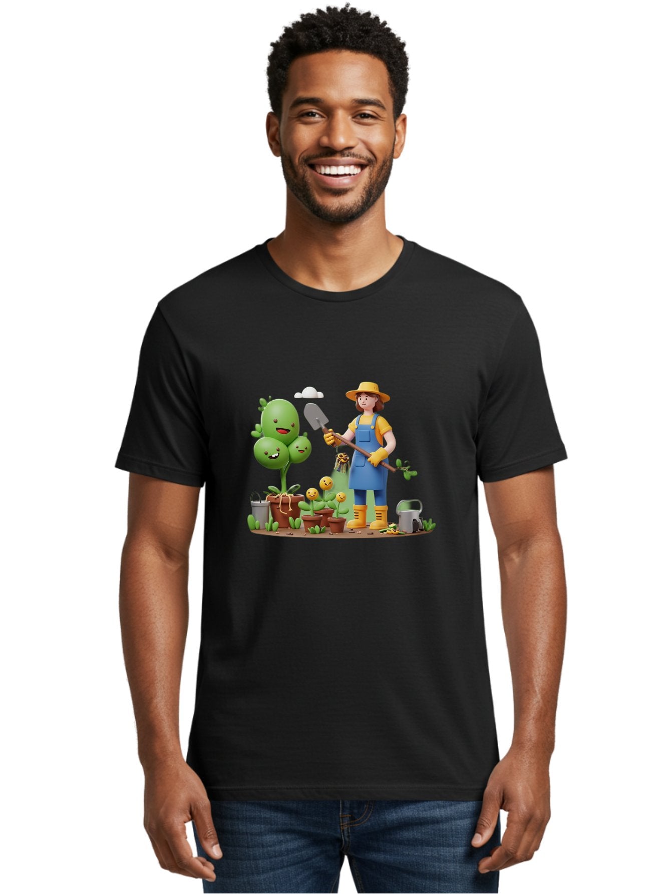 Gardener-With-Cartoon-Plants Men'S Graphic Tee, 100% Cotton, Comfortable Casual Summer Wear, Machine Washable, Cartoon Gardener, Gardening Tools, Potted Plants, Smiling Plants, Gardening Gloves, Watering Can, Gardening Overalls, Baa717 23