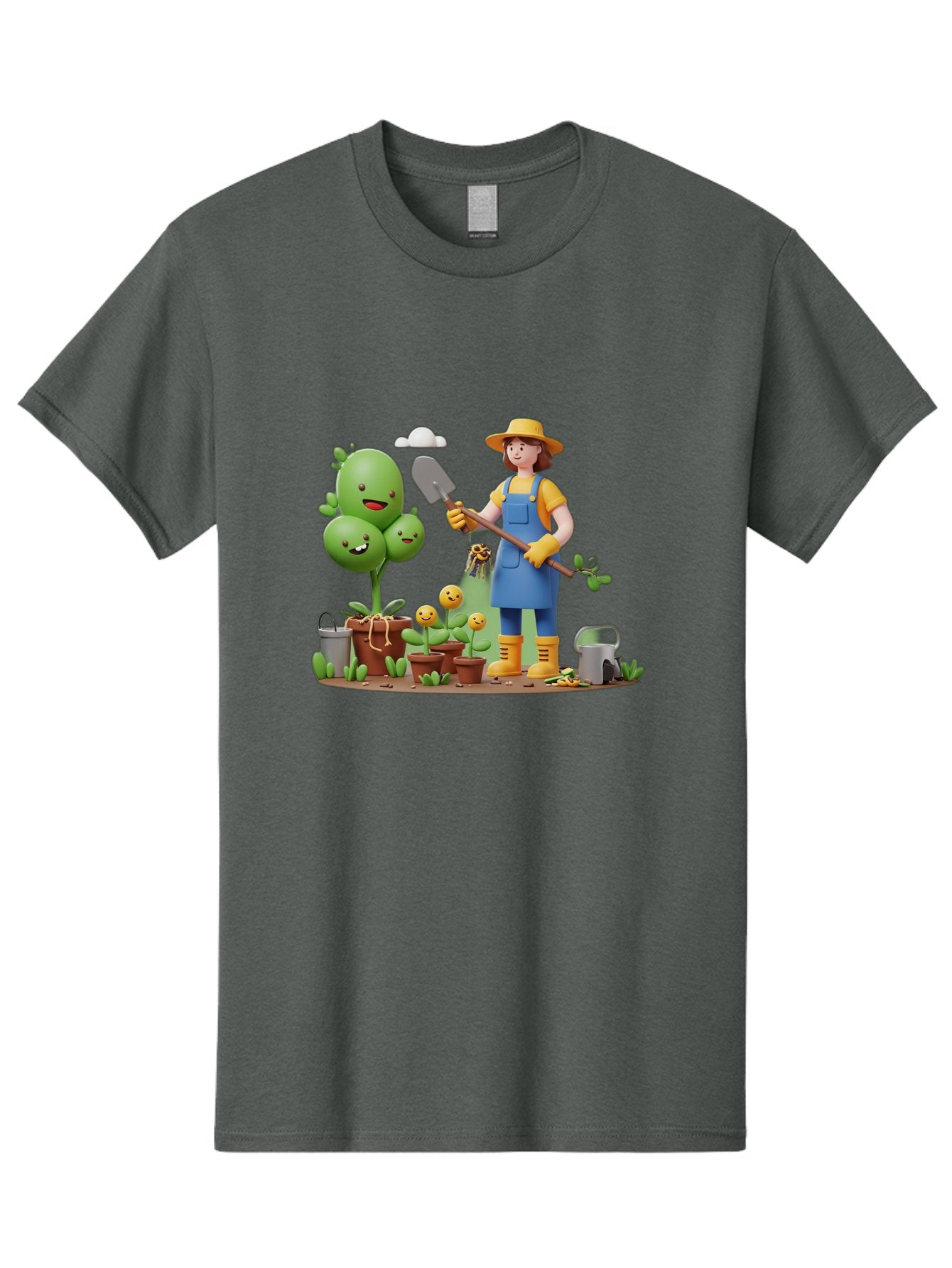 Gardener-With-Cartoon-Plants Men'S Graphic Tee, 100% Cotton, Comfortable Casual Summer Wear, Machine Washable, Cartoon Gardener, Gardening Tools, Potted Plants, Smiling Plants, Gardening Gloves, Watering Can, Gardening Overalls, Baa717 7