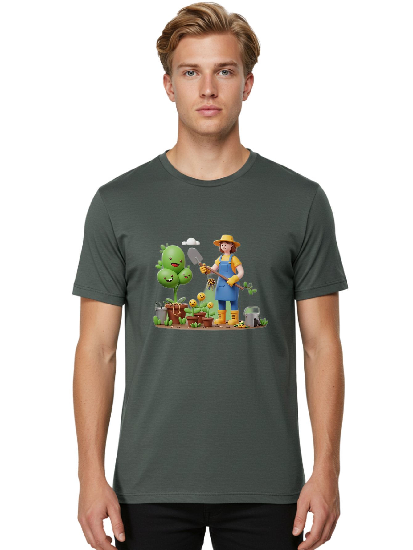 Gardener-With-Cartoon-Plants Men'S Graphic Tee, 100% Cotton, Comfortable Casual Summer Wear, Machine Washable, Cartoon Gardener, Gardening Tools, Potted Plants, Smiling Plants, Gardening Gloves, Watering Can, Gardening Overalls, Baa717 26