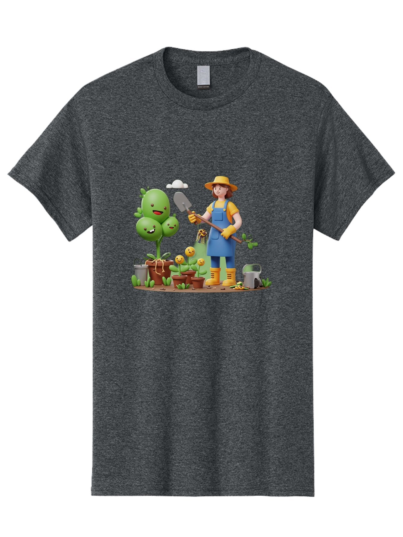 Gardener-With-Cartoon-Plants Men'S Graphic Tee, 100% Cotton, Comfortable Casual Summer Wear, Machine Washable, Cartoon Gardener, Gardening Tools, Potted Plants, Smiling Plants, Gardening Gloves, Watering Can, Gardening Overalls, Baa717 13
