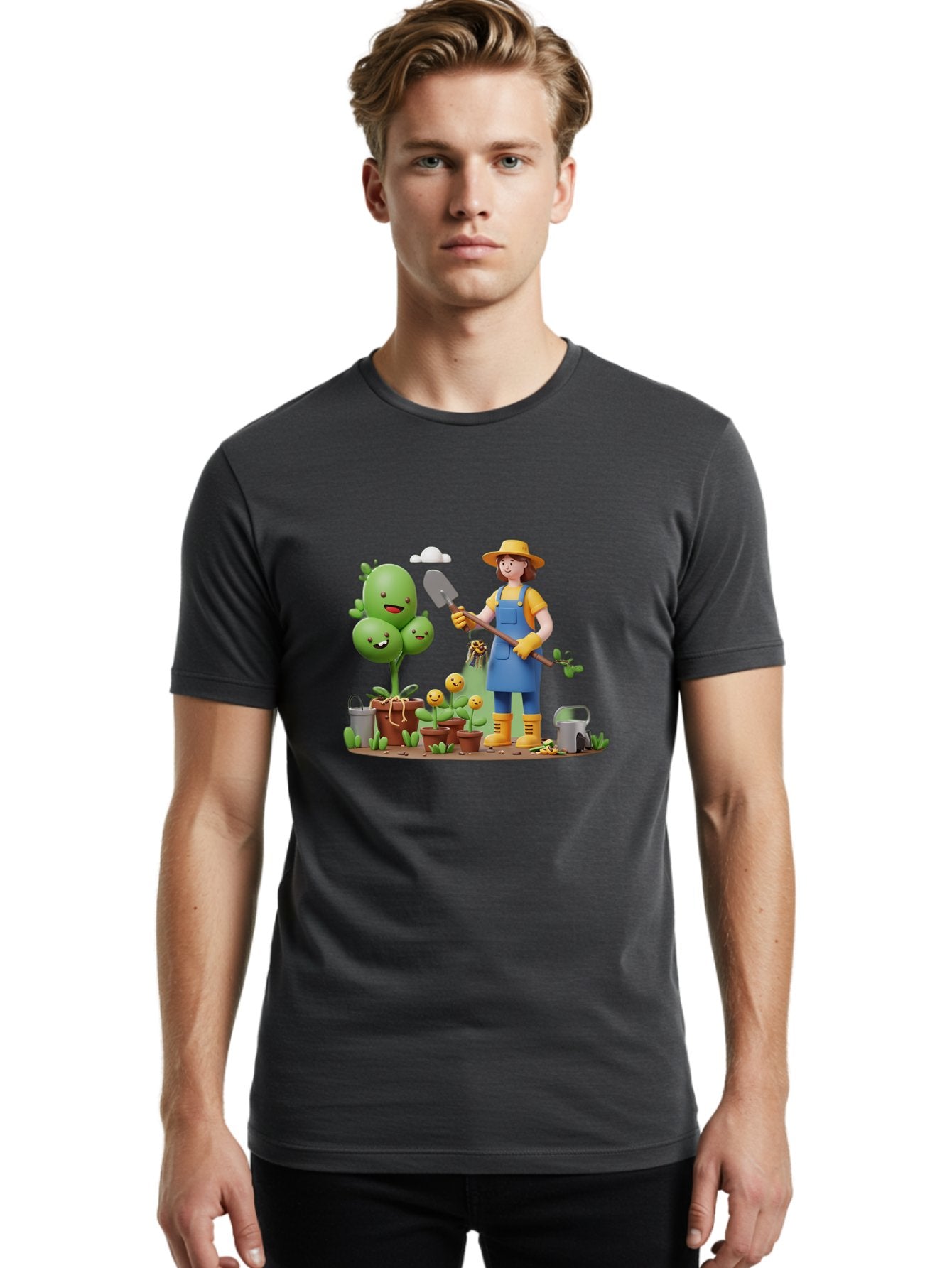 Gardener-With-Cartoon-Plants Men'S Graphic Tee, 100% Cotton, Comfortable Casual Summer Wear, Machine Washable, Cartoon Gardener, Gardening Tools, Potted Plants, Smiling Plants, Gardening Gloves, Watering Can, Gardening Overalls, Baa717 20