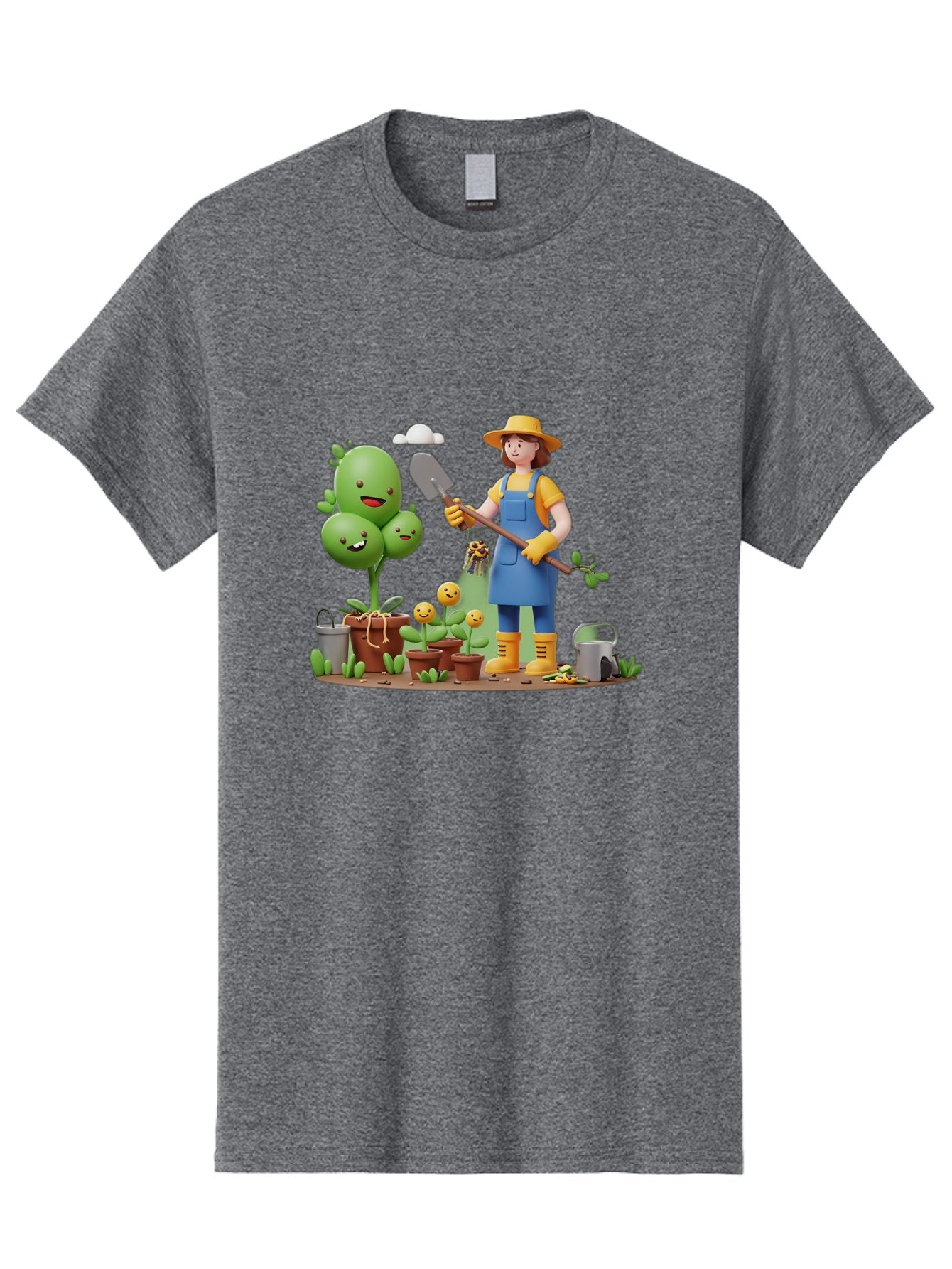 Gardener-With-Cartoon-Plants Men'S Graphic Tee, 100% Cotton, Comfortable Casual Summer Wear, Machine Washable, Cartoon Gardener, Gardening Tools, Potted Plants, Smiling Plants, Gardening Gloves, Watering Can, Gardening Overalls, Baa717 15