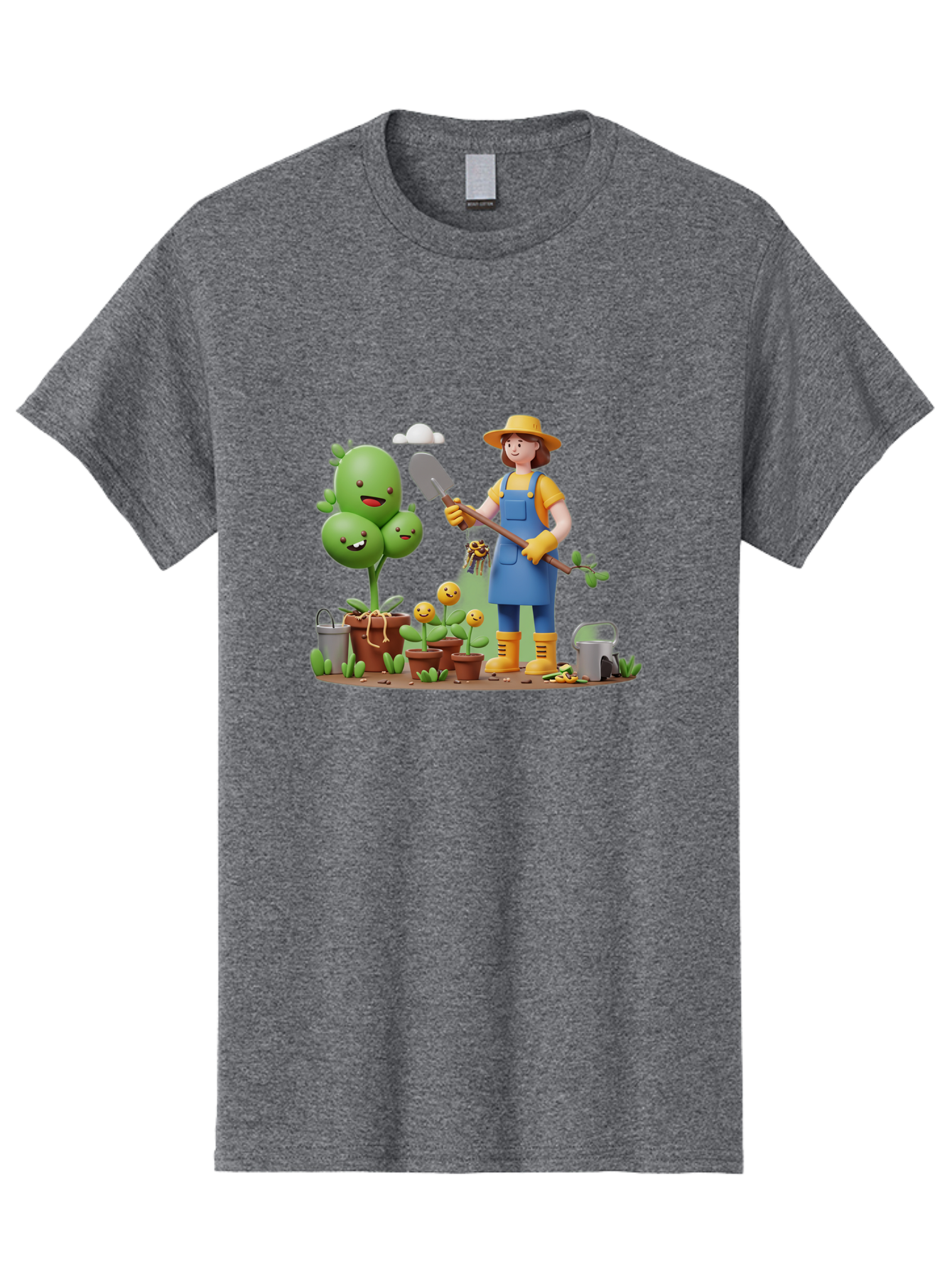 Gardener-With-Cartoon-Plants Men'S Graphic Tee, 100% Cotton, Comfortable Casual Summer Wear, Machine Washable, Cartoon Gardener, Gardening Tools, Potted Plants, Smiling Plants, Gardening Gloves, Watering Can, Gardening Overalls, Baa717