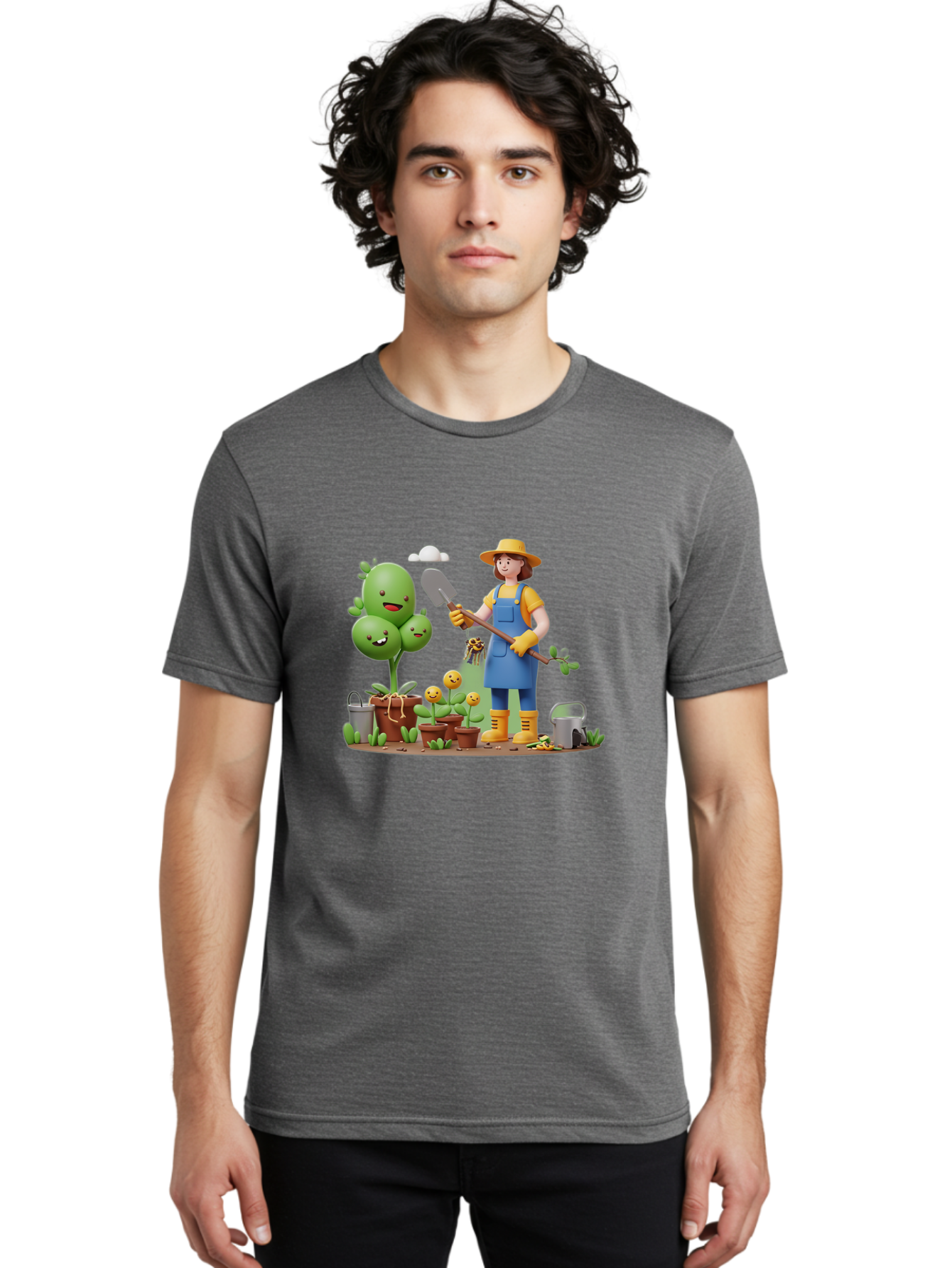 Gardener-With-Cartoon-Plants Men'S Graphic Tee, 100% Cotton, Comfortable Casual Summer Wear, Machine Washable, Cartoon Gardener, Gardening Tools, Potted Plants, Smiling Plants, Gardening Gloves, Watering Can, Gardening Overalls, Baa717