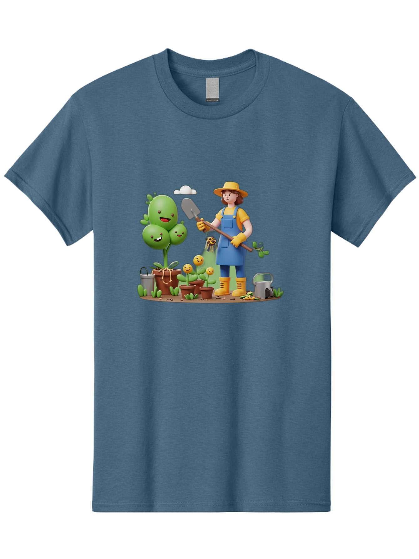 Gardener-With-Cartoon-Plants Men'S Graphic Tee, 100% Cotton, Comfortable Casual Summer Wear, Machine Washable, Cartoon Gardener, Gardening Tools, Potted Plants, Smiling Plants, Gardening Gloves, Watering Can, Gardening Overalls, Baa717 3