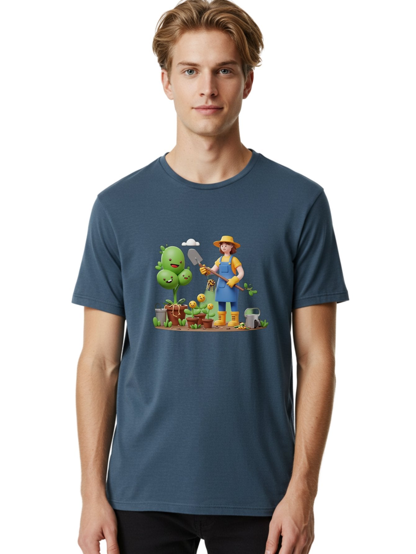 Gardener-With-Cartoon-Plants Men'S Graphic Tee, 100% Cotton, Comfortable Casual Summer Wear, Machine Washable, Cartoon Gardener, Gardening Tools, Potted Plants, Smiling Plants, Gardening Gloves, Watering Can, Gardening Overalls, Baa717 22