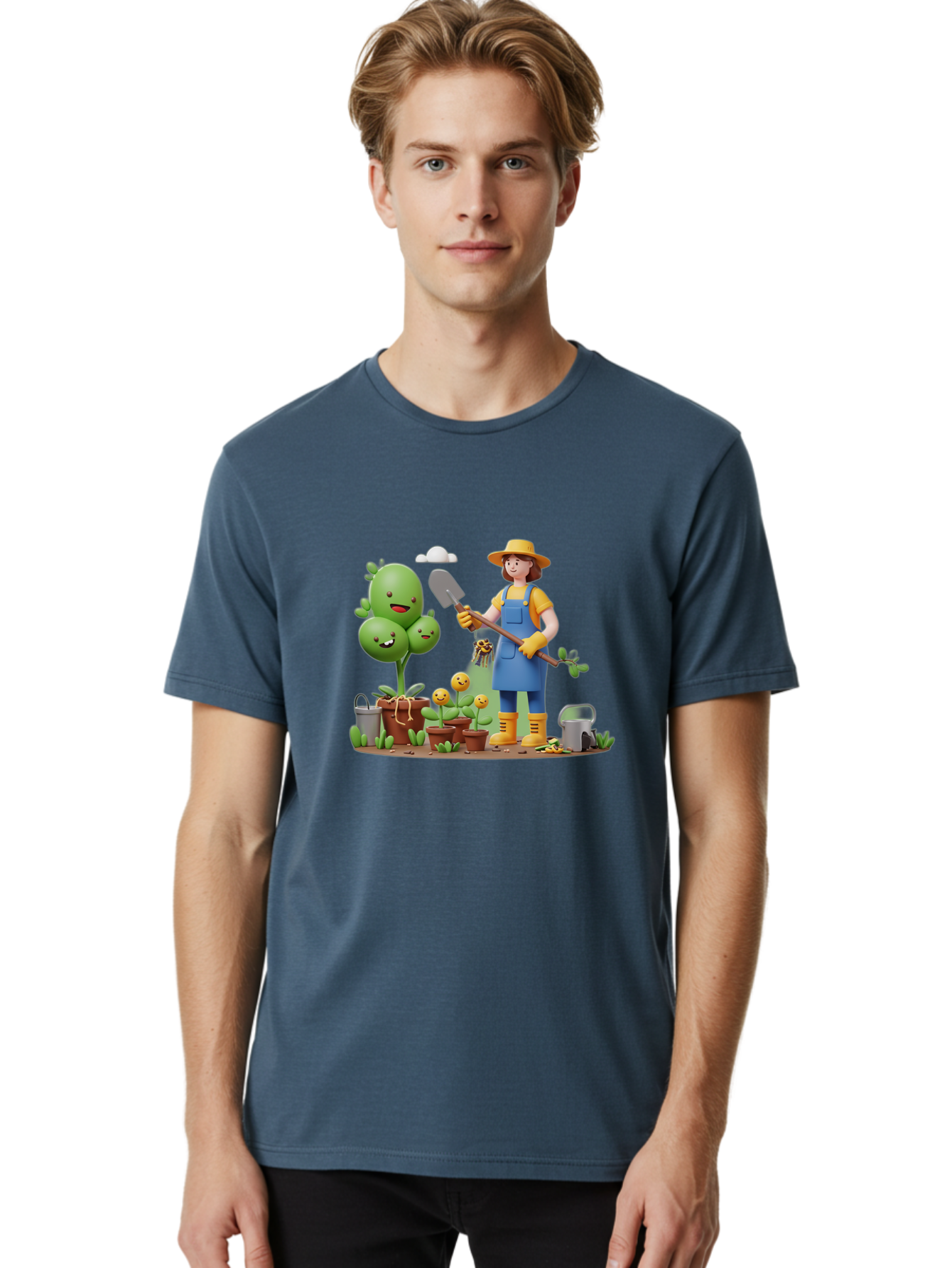 Gardener-With-Cartoon-Plants Men'S Graphic Tee, 100% Cotton, Comfortable Casual Summer Wear, Machine Washable, Cartoon Gardener, Gardening Tools, Potted Plants, Smiling Plants, Gardening Gloves, Watering Can, Gardening Overalls, Baa717 18