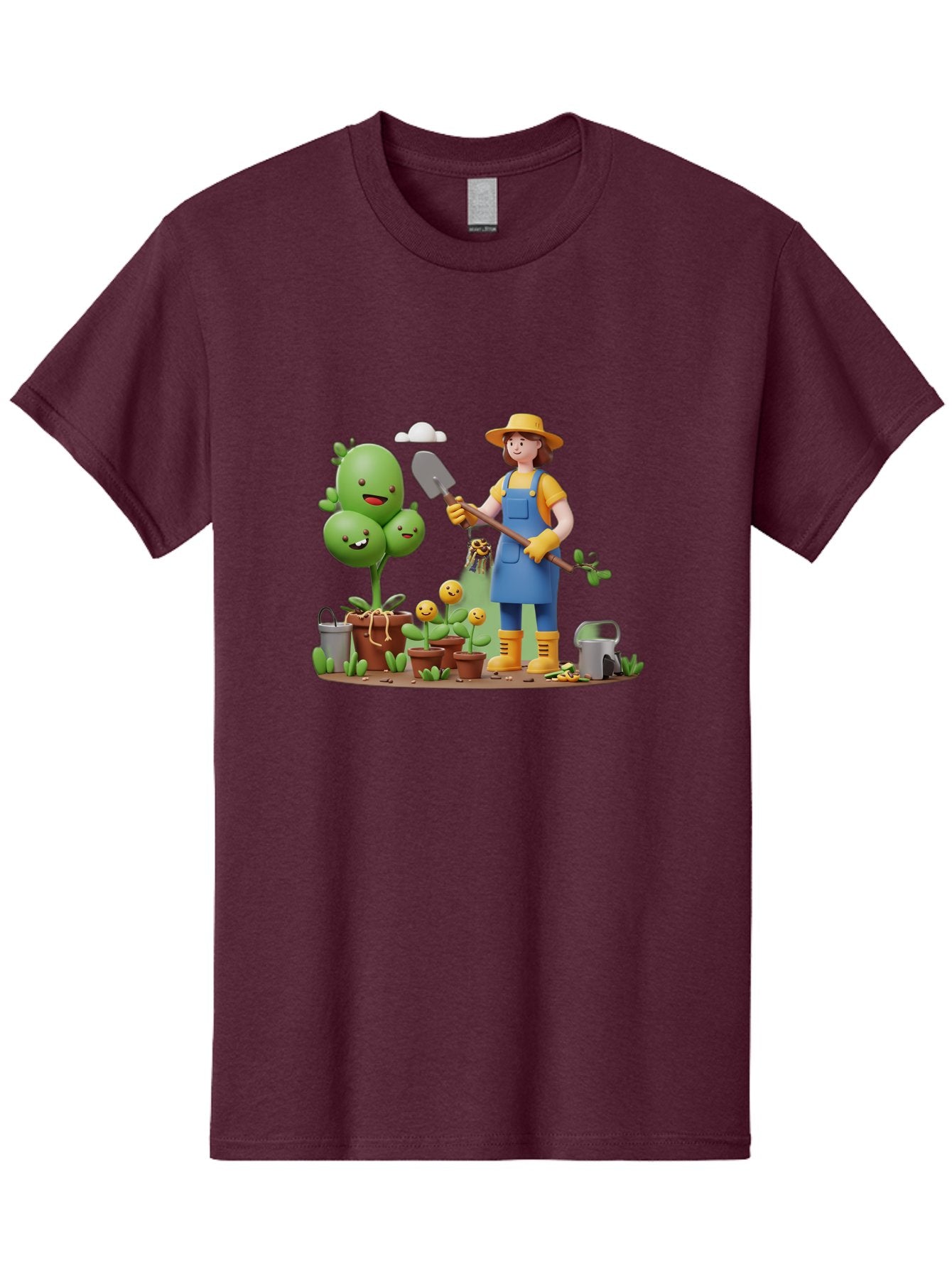 Gardener-With-Cartoon-Plants Men'S Graphic Tee, 100% Cotton, Comfortable Casual Summer Wear, Machine Washable, Cartoon Gardener, Gardening Tools, Potted Plants, Smiling Plants, Gardening Gloves, Watering Can, Gardening Overalls, Baa717 11