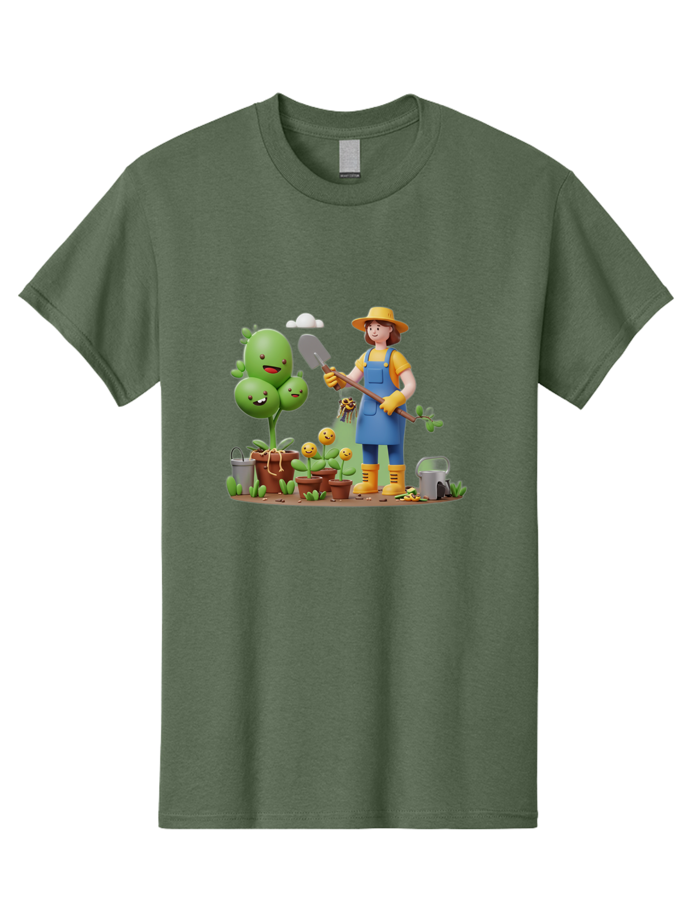 Gardener-With-Cartoon-Plants Men'S Graphic Tee, 100% Cotton, Comfortable Casual Summer Wear, Machine Washable, Cartoon Gardener, Gardening Tools, Potted Plants, Smiling Plants, Gardening Gloves, Watering Can, Gardening Overalls, Baa717 27