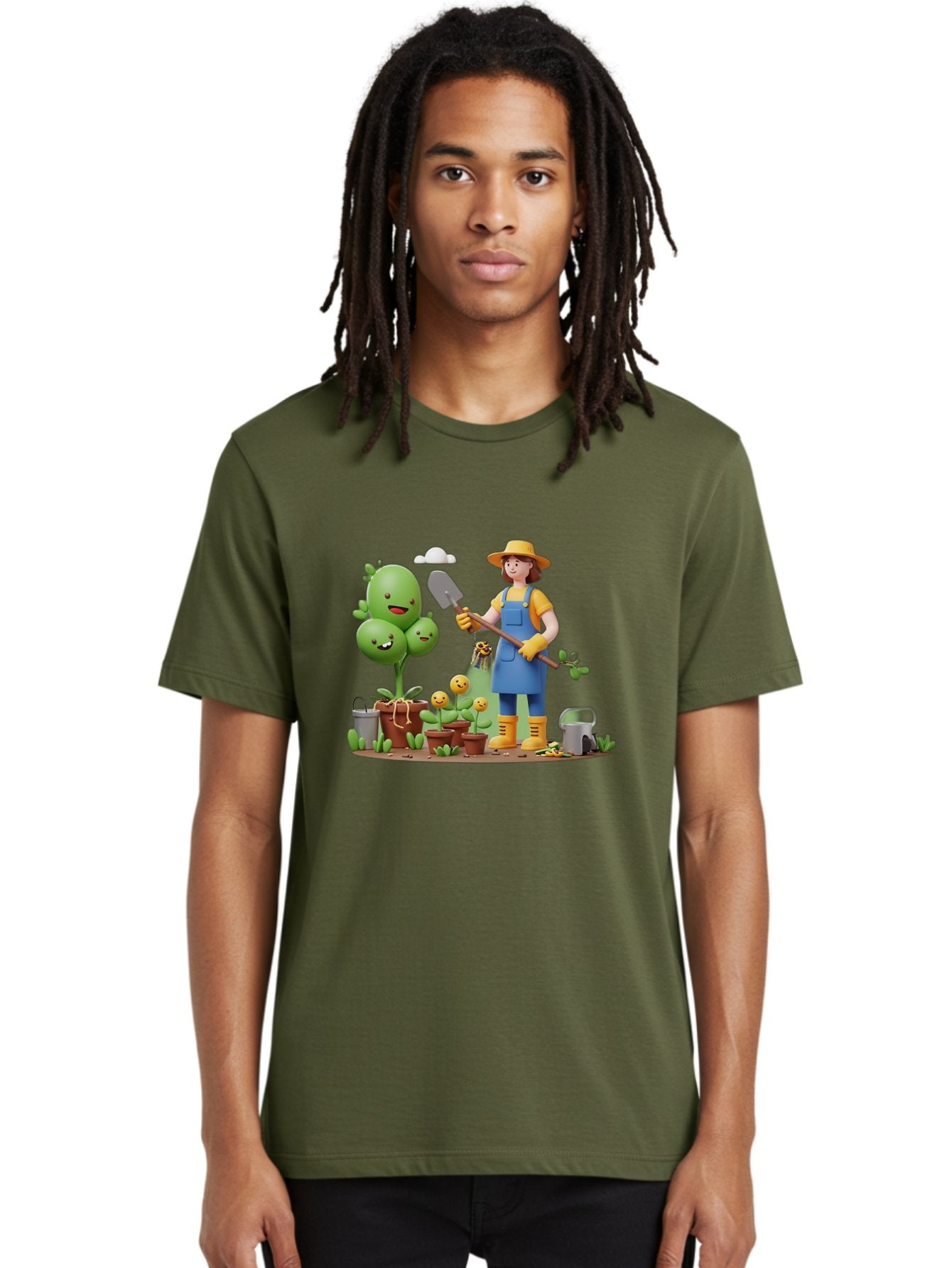 Gardener-With-Cartoon-Plants Men'S Graphic Tee, 100% Cotton, Comfortable Casual Summer Wear, Machine Washable, Cartoon Gardener, Gardening Tools, Potted Plants, Smiling Plants, Gardening Gloves, Watering Can, Gardening Overalls, Baa717 17