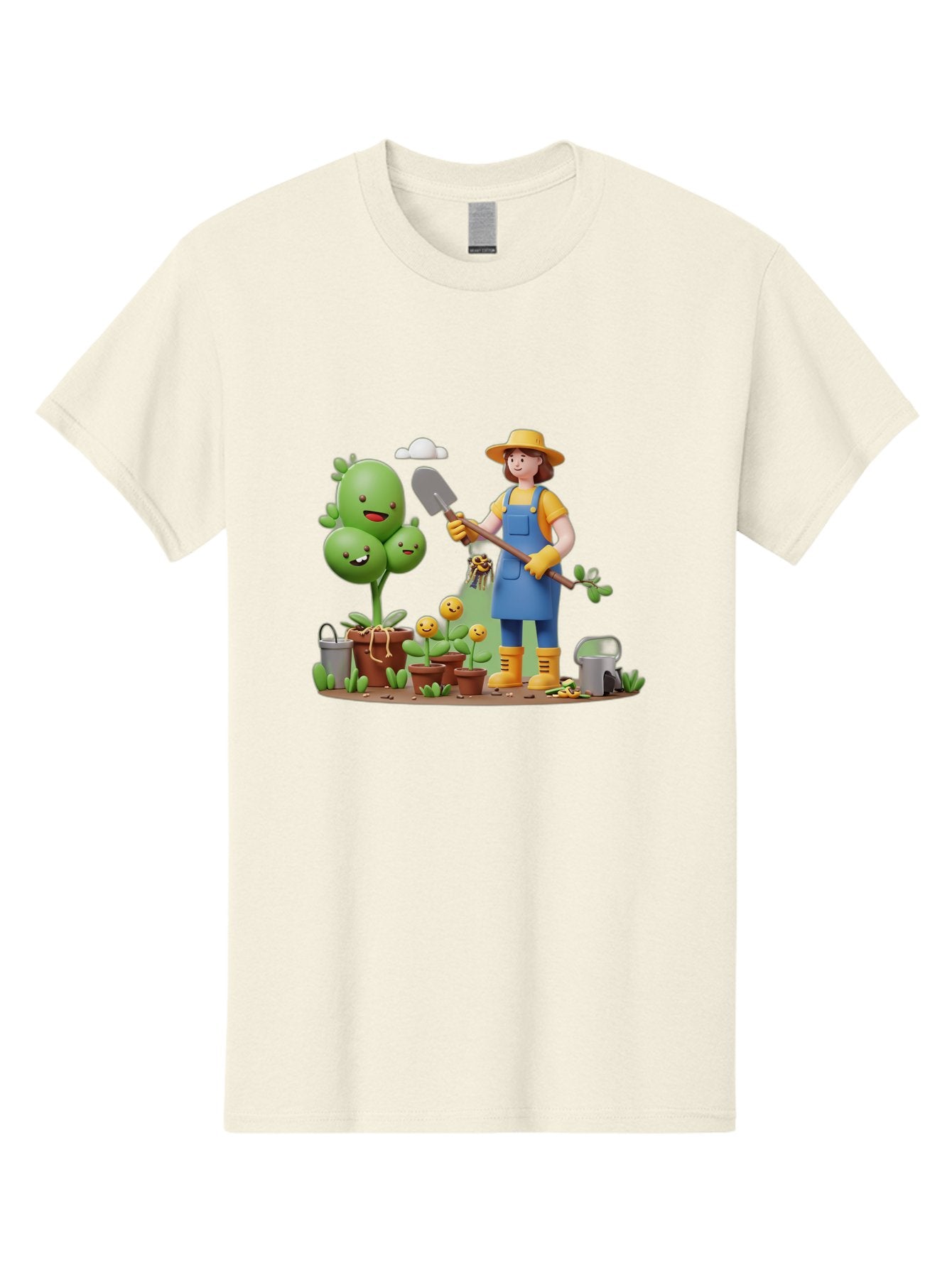 Gardener-With-Cartoon-Plants Men'S Graphic Tee, 100% Cotton, Comfortable Casual Summer Wear, Machine Washable, Cartoon Gardener, Gardening Tools, Potted Plants, Smiling Plants, Gardening Gloves, Watering Can, Gardening Overalls, Baa717 6