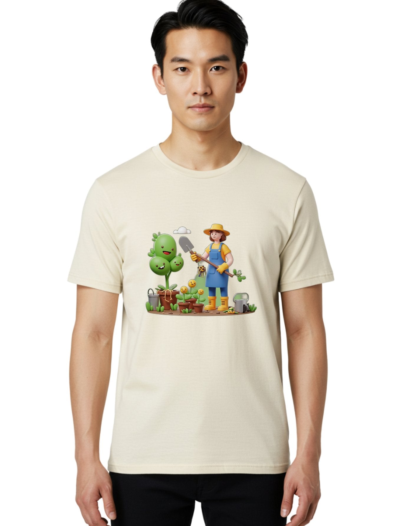 Gardener-With-Cartoon-Plants Men'S Graphic Tee, 100% Cotton, Comfortable Casual Summer Wear, Machine Washable, Cartoon Gardener, Gardening Tools, Potted Plants, Smiling Plants, Gardening Gloves, Watering Can, Gardening Overalls, Baa717 24