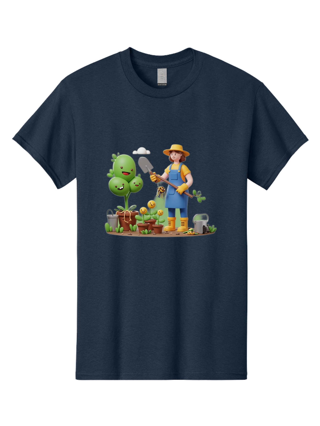 Gardener-With-Cartoon-Plants Men'S Graphic Tee, 100% Cotton, Comfortable Casual Summer Wear, Machine Washable, Cartoon Gardener, Gardening Tools, Potted Plants, Smiling Plants, Gardening Gloves, Watering Can, Gardening Overalls, Baa717 11