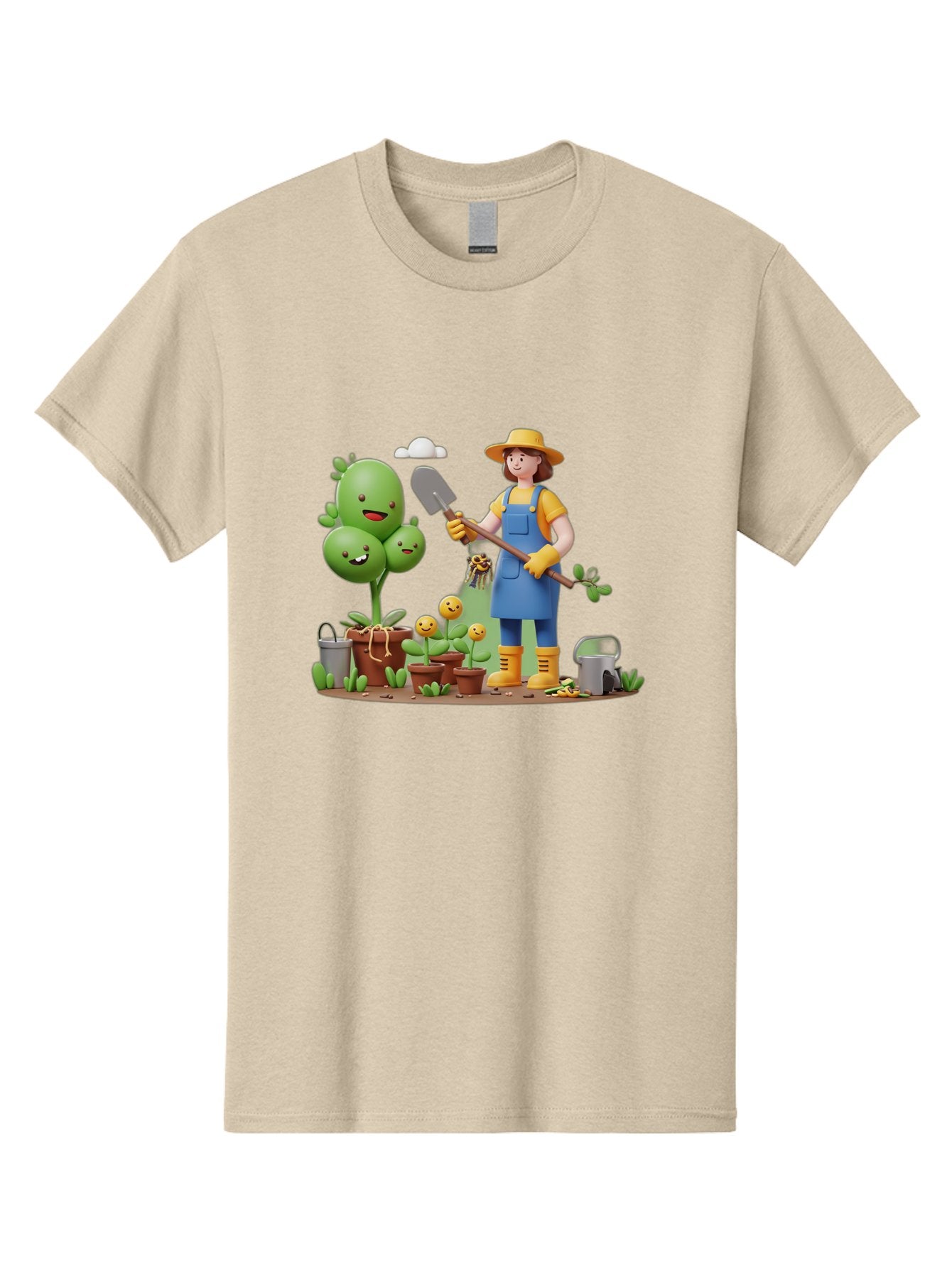 Gardener-With-Cartoon-Plants Men'S Graphic Tee, 100% Cotton, Comfortable Casual Summer Wear, Machine Washable, Cartoon Gardener, Gardening Tools, Potted Plants, Smiling Plants, Gardening Gloves, Watering Can, Gardening Overalls, Baa717 4