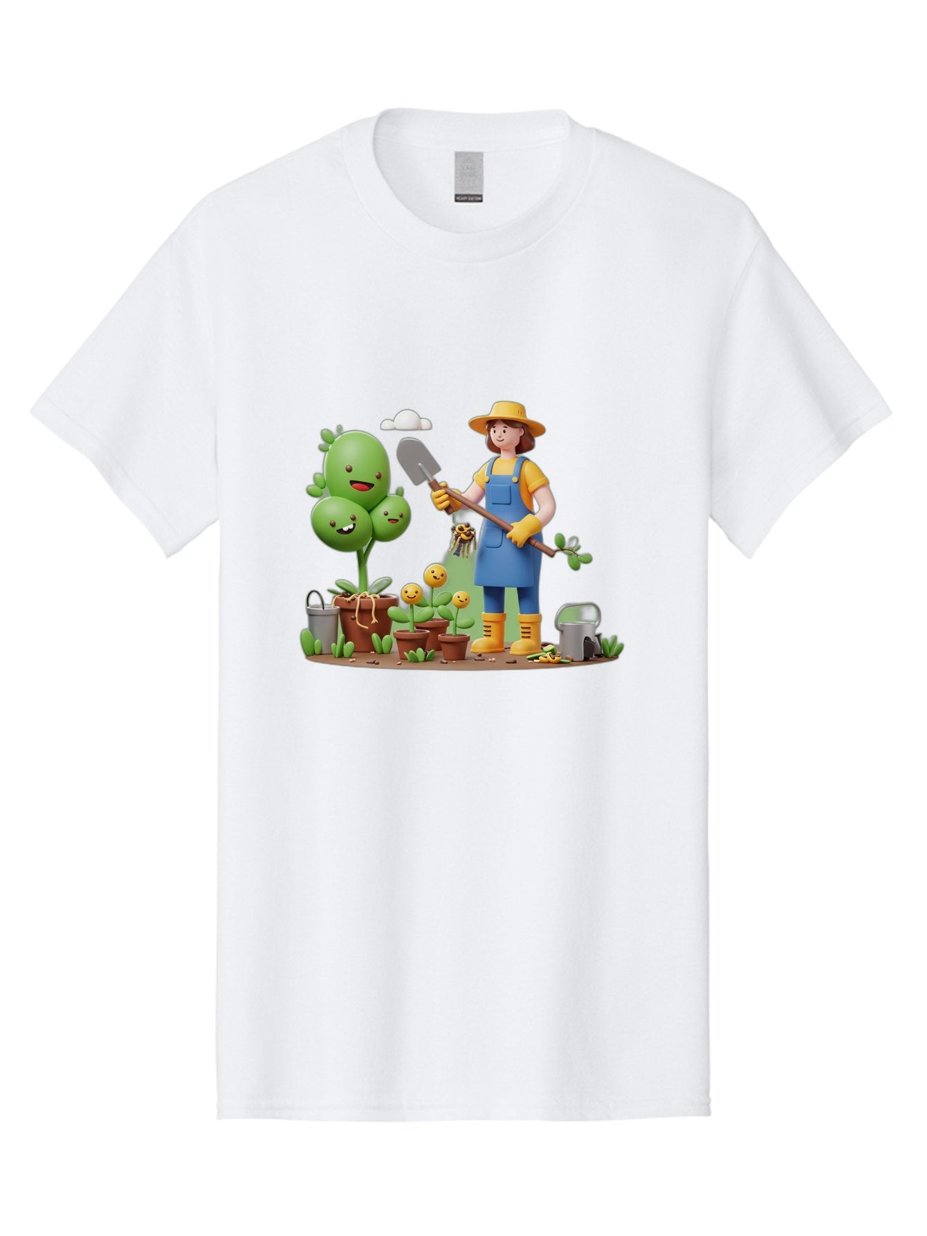 Gardener-With-Cartoon-Plants Men'S Graphic Tee, 100% Cotton, Comfortable Casual Summer Wear, Machine Washable, Cartoon Gardener, Gardening Tools, Potted Plants, Smiling Plants, Gardening Gloves, Watering Can, Gardening Overalls, Baa717 12