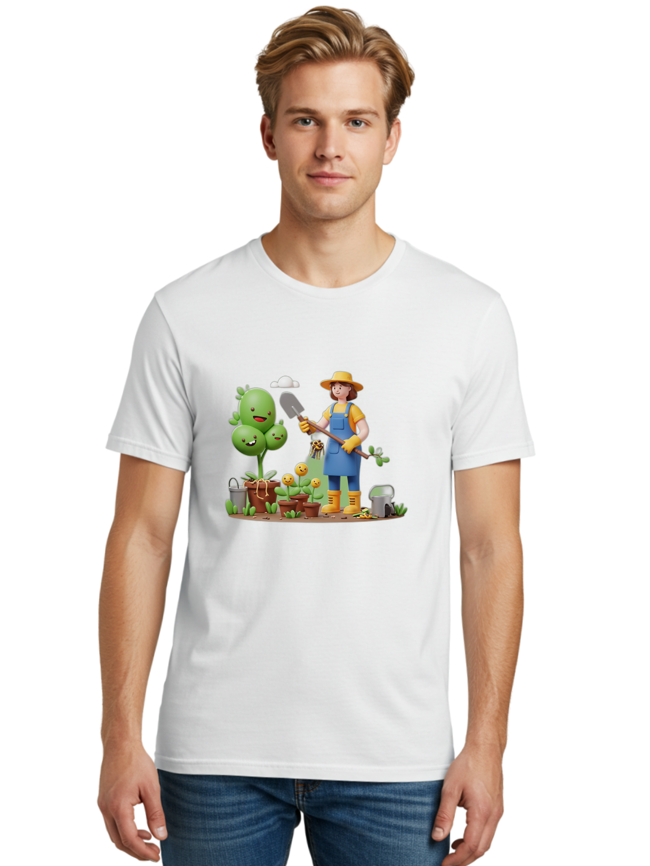 Gardener-With-Cartoon-Plants Men'S Graphic Tee, 100% Cotton, Comfortable Casual Summer Wear, Machine Washable, Cartoon Gardener, Gardening Tools, Potted Plants, Smiling Plants, Gardening Gloves, Watering Can, Gardening Overalls, Baa717 6