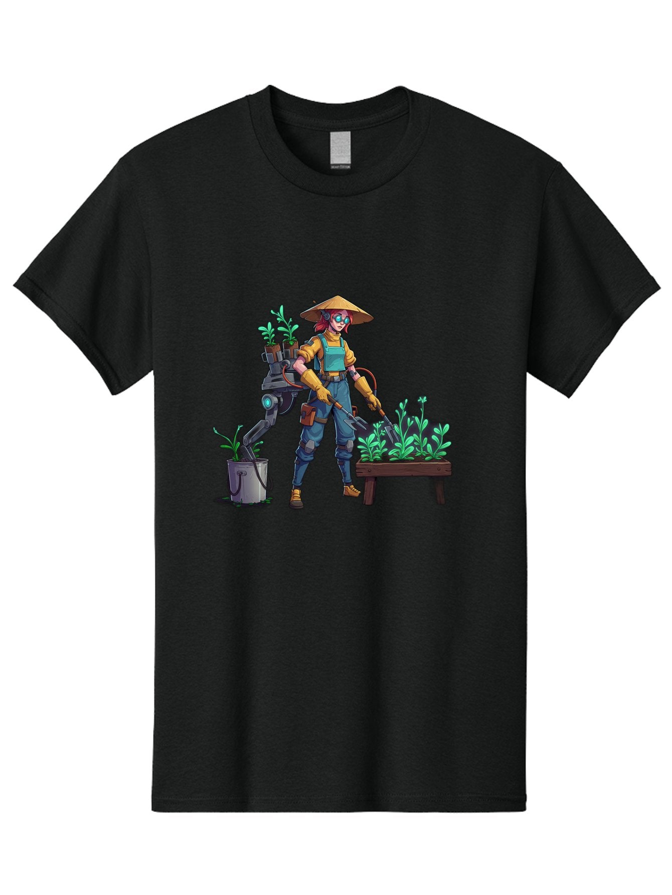 Gardener-With-Robot Men'S Graphic Tee, 100% Cotton, Comfortable Casual Summer Wear, Machine Washable, Female Farmer, Gardening Tools, Robotic Assistant, Green Plants, Potted Plants, Water Hose, Gardening Apron, Conical Hat, Farming Technology, Baa718 15