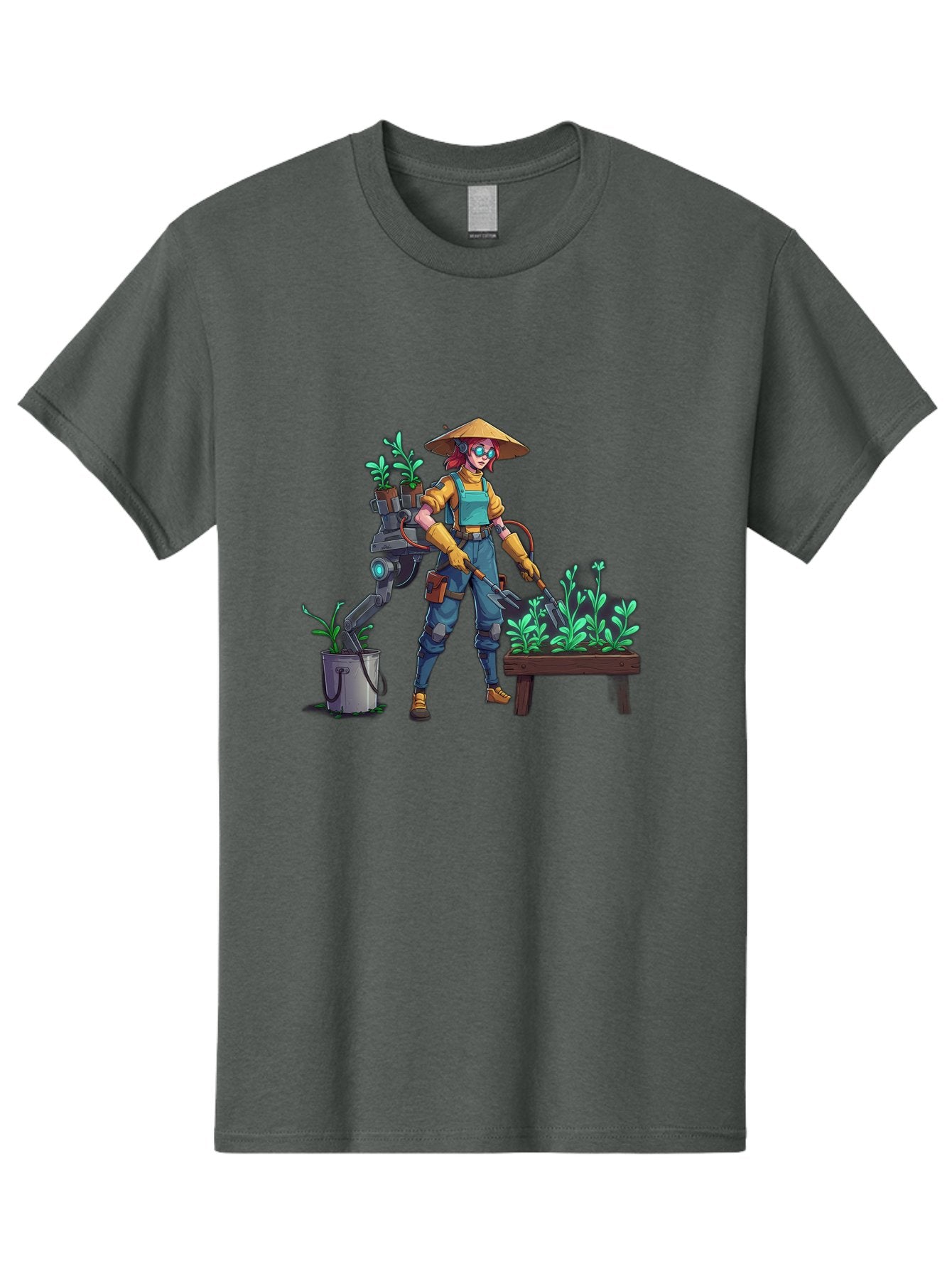 Gardener-With-Robot Men'S Graphic Tee, 100% Cotton, Comfortable Casual Summer Wear, Machine Washable, Female Farmer, Gardening Tools, Robotic Assistant, Green Plants, Potted Plants, Water Hose, Gardening Apron, Conical Hat, Farming Technology, Baa718 6