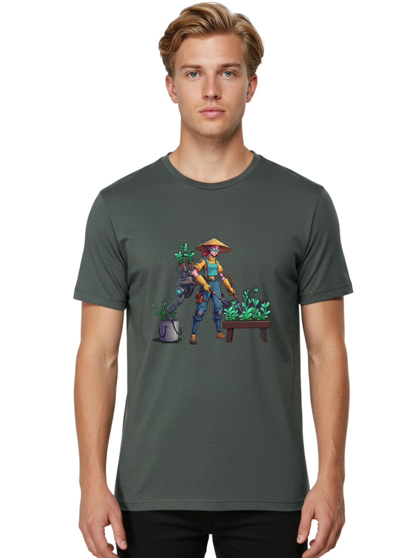Gardener-With-Robot Men'S Graphic Tee, 100% Cotton, Comfortable Casual Summer Wear, Machine Washable, Female Farmer, Gardening Tools, Robotic Assistant, Green Plants, Potted Plants, Water Hose, Gardening Apron, Conical Hat, Farming Technology, Baa718 24