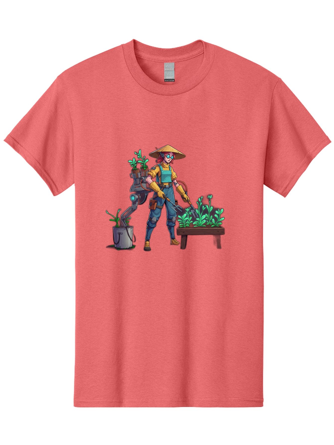 Gardener-With-Robot Men'S Graphic Tee, 100% Cotton, Comfortable Casual Summer Wear, Machine Washable, Female Farmer, Gardening Tools, Robotic Assistant, Green Plants, Potted Plants, Water Hose, Gardening Apron, Conical Hat, Farming Technology, Baa718 7