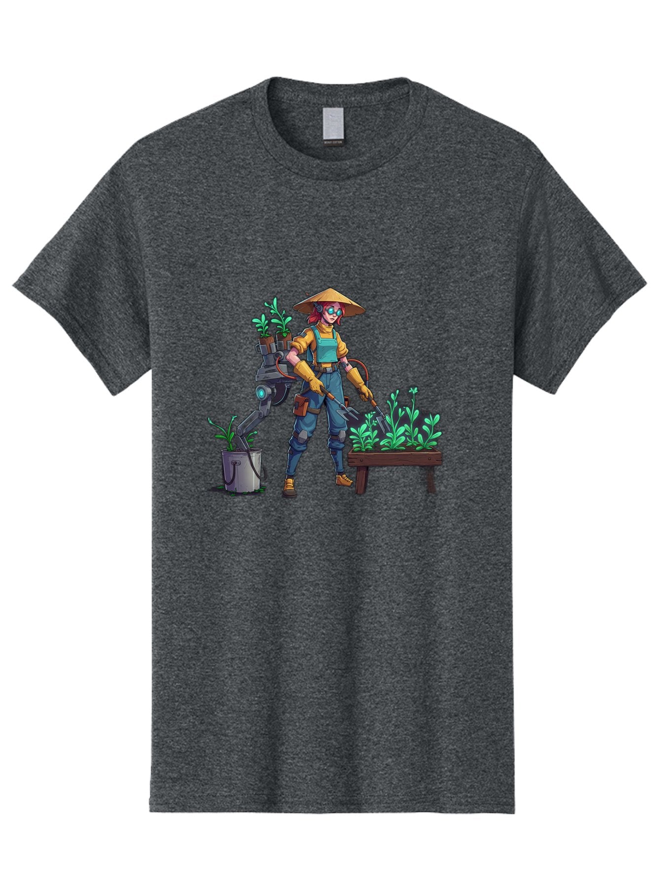 Gardener-With-Robot Men'S Graphic Tee, 100% Cotton, Comfortable Casual Summer Wear, Machine Washable, Female Farmer, Gardening Tools, Robotic Assistant, Green Plants, Potted Plants, Water Hose, Gardening Apron, Conical Hat, Farming Technology, Baa718 4